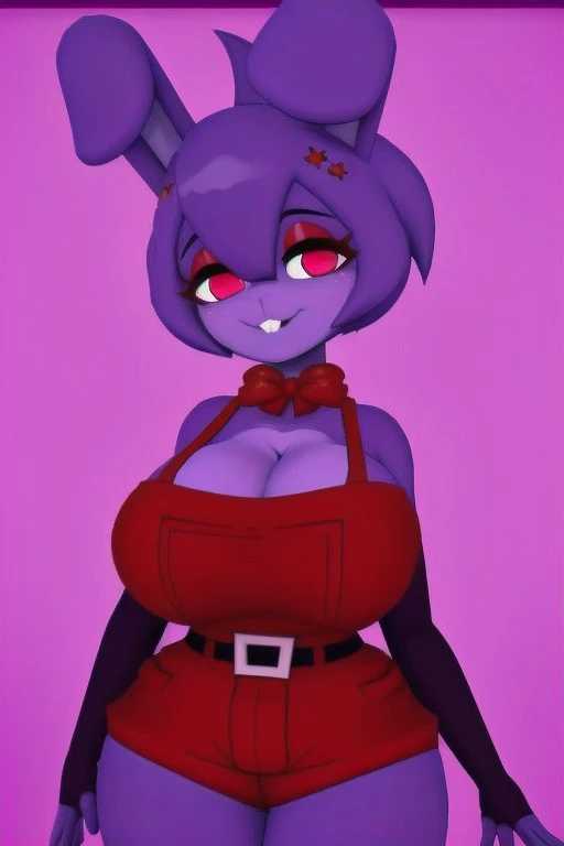 (best quality,3d,ultra-detailed),Bunny ears,smile,two toned fur,smooth body,purple hair,purple body,red overalls