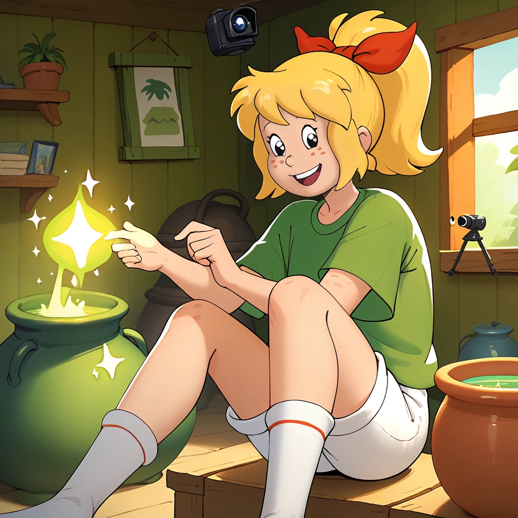 score_9, score_8_up, score_7_up, 1girl, solo, uncensored, <lora:BibiBlocksbergXL_v1.2-000065:1> bibi blocksberg, smile, open mouth, happy, blonde hair, red ribbon, freckles, high ponytail, green shirt, white shorts, white socks, indoors, hut, big cauldron, casting spell, sparkle, sparks