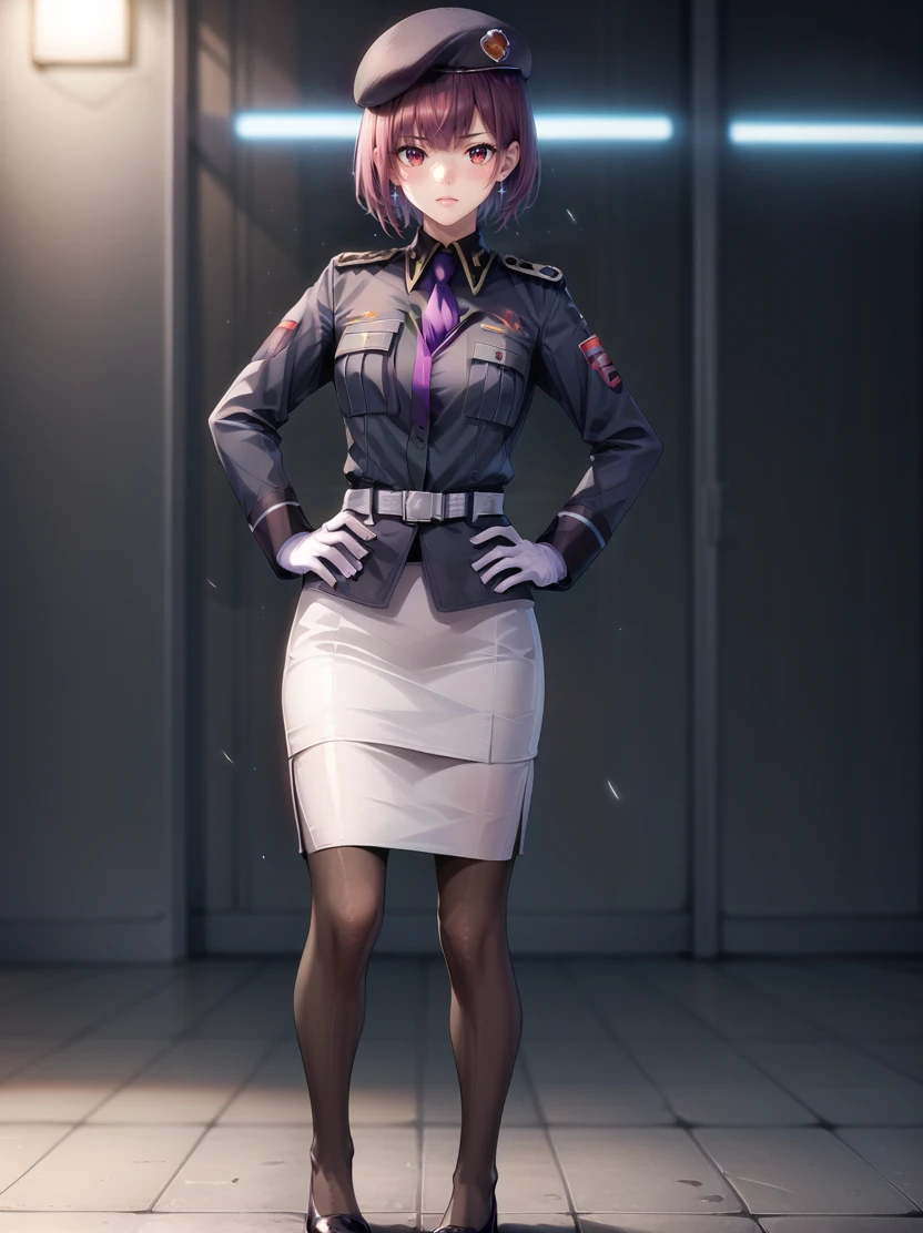 score_9, score_8_up, score_7_up,  highres, source_anime, (cowboy shot:1.3), hand on hip
holographic interface, army briefing room
1girl, tdksk,  blurry background,
enduring, blush, Fuchsia hair, short hair,  full body, military uniform, beret, white gloves, red eyes, necktie, white skirt, belt, jacket, pencil skirt, black pantyhose, long sleeves, purple necktie, bangs, medium breasts,
<lora:tdkskXL_kohyaV1:.9>