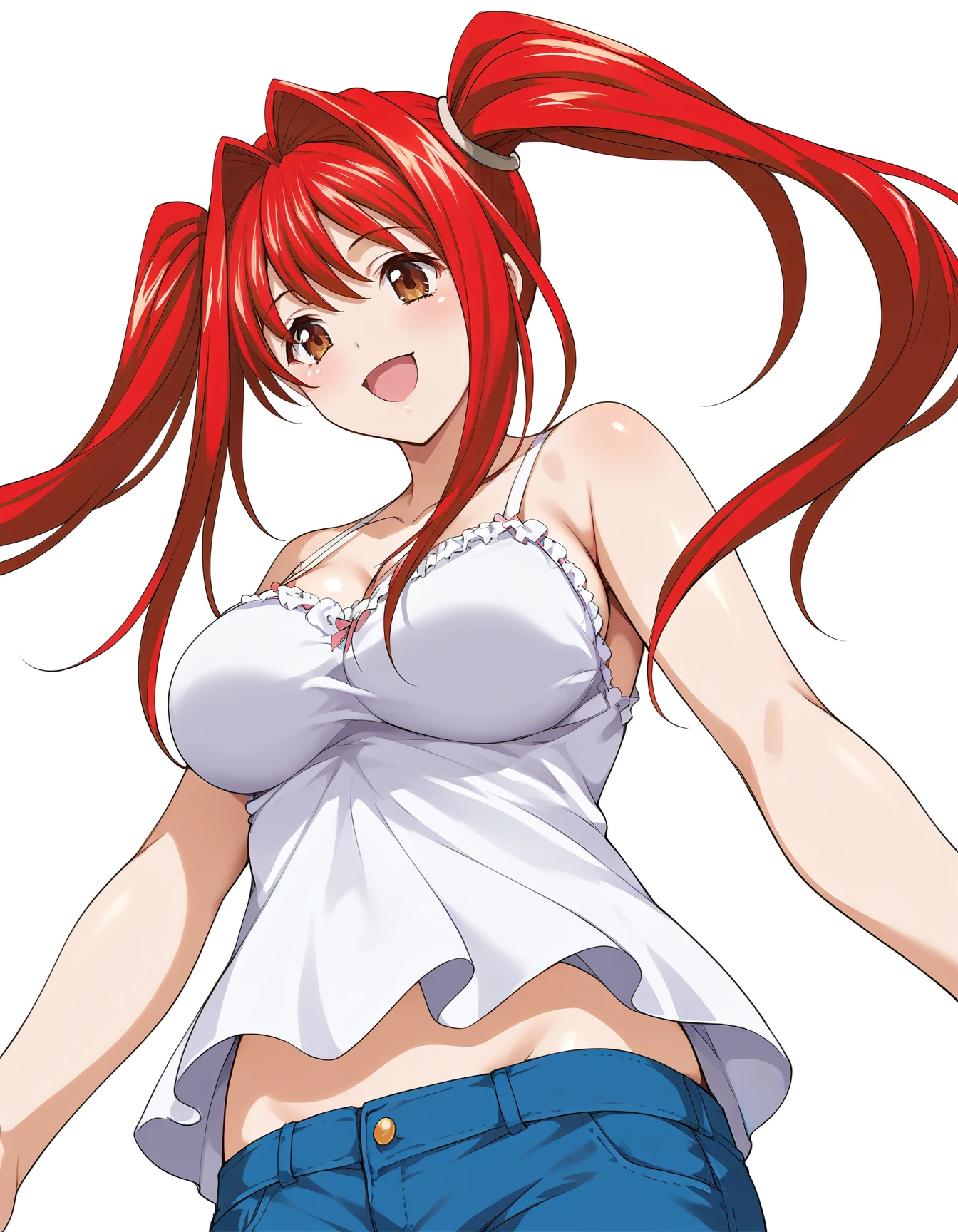 <lora:Kanpei_it:0.9>, kanpei_it, red hair, long hair, twintails, brown eyes, large breasts,
upper body , facing viewer , low angle view, open  mouth, smile,
camisole, hotpants, 
score_9, score_8_up, score_7_up, masterpiece, best quality, source_anime, uncensored