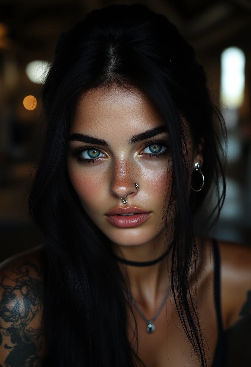 Low-angle shot of a beautiful woman with dark, moody makeup, her black hair styled in loose waves. Her face is adorned with a variety of piercings, including a bridge piercing, a Monroe piercing, and a cluster of earrings. The lighting is stark, casting deep shadows that emphasize the contours of her face, giving her an edgy, rebellious look. The background is a grungy, industrial setting, adding to the overall alternative and bold aesthetic.