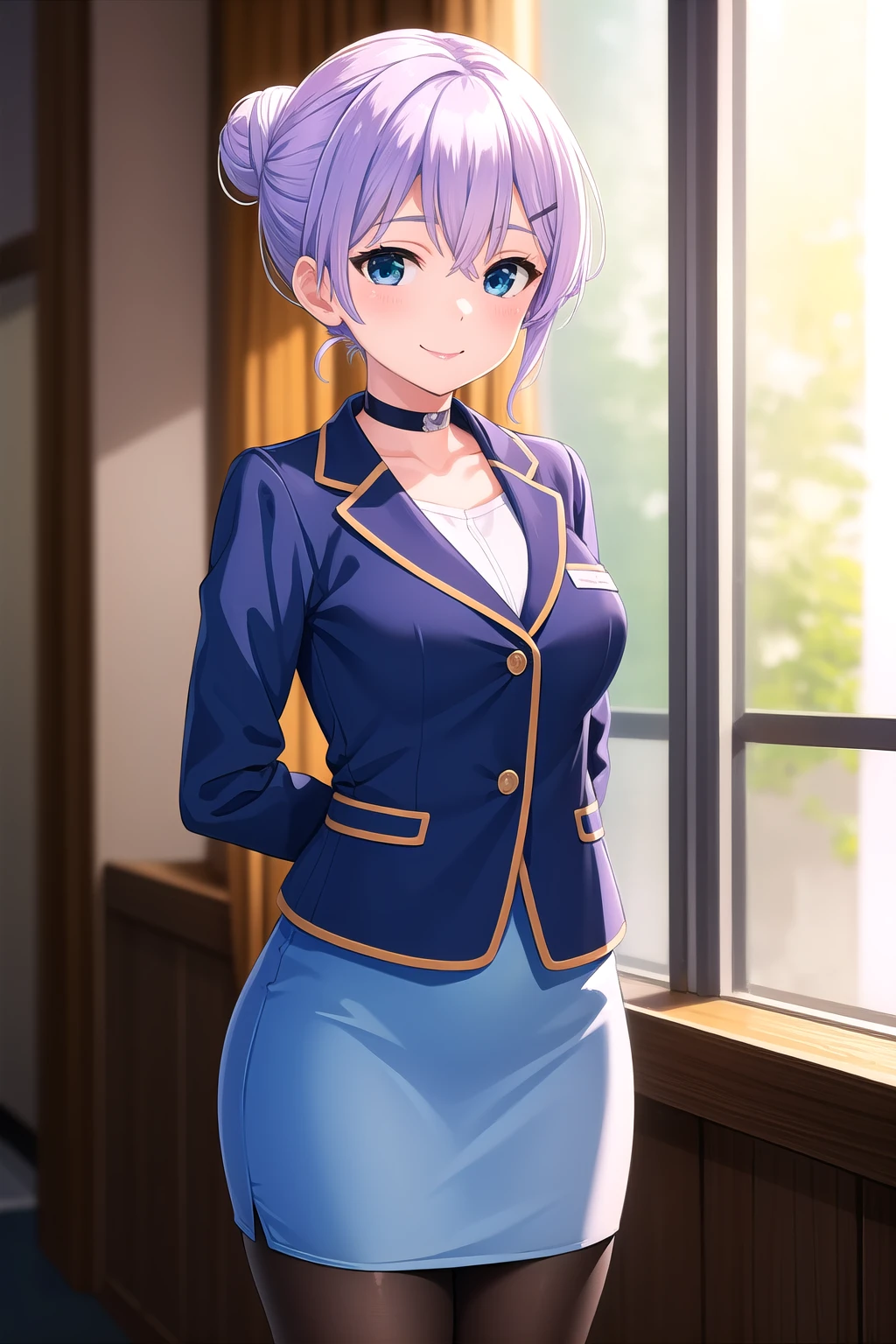 (masterpiece, best quality), highly detailed background, perfect lightingbest quality, murakamifumio, solo, indoors, hospital, light blue hair, hair bun, hair between eyes, short hair, blue eyes, medium breasts, purple choker, blue jacket, white shirt, long sleeves, blue skirt, pencil skirt, skirt suit, brown pantyhose, smile, closed mouth, :), pink lips, <lora:Murakami-Fumio:0.7>