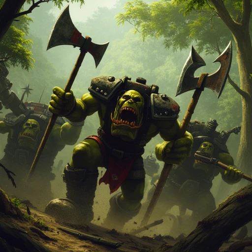 a group of orks charging through a jungle with axes and pistols