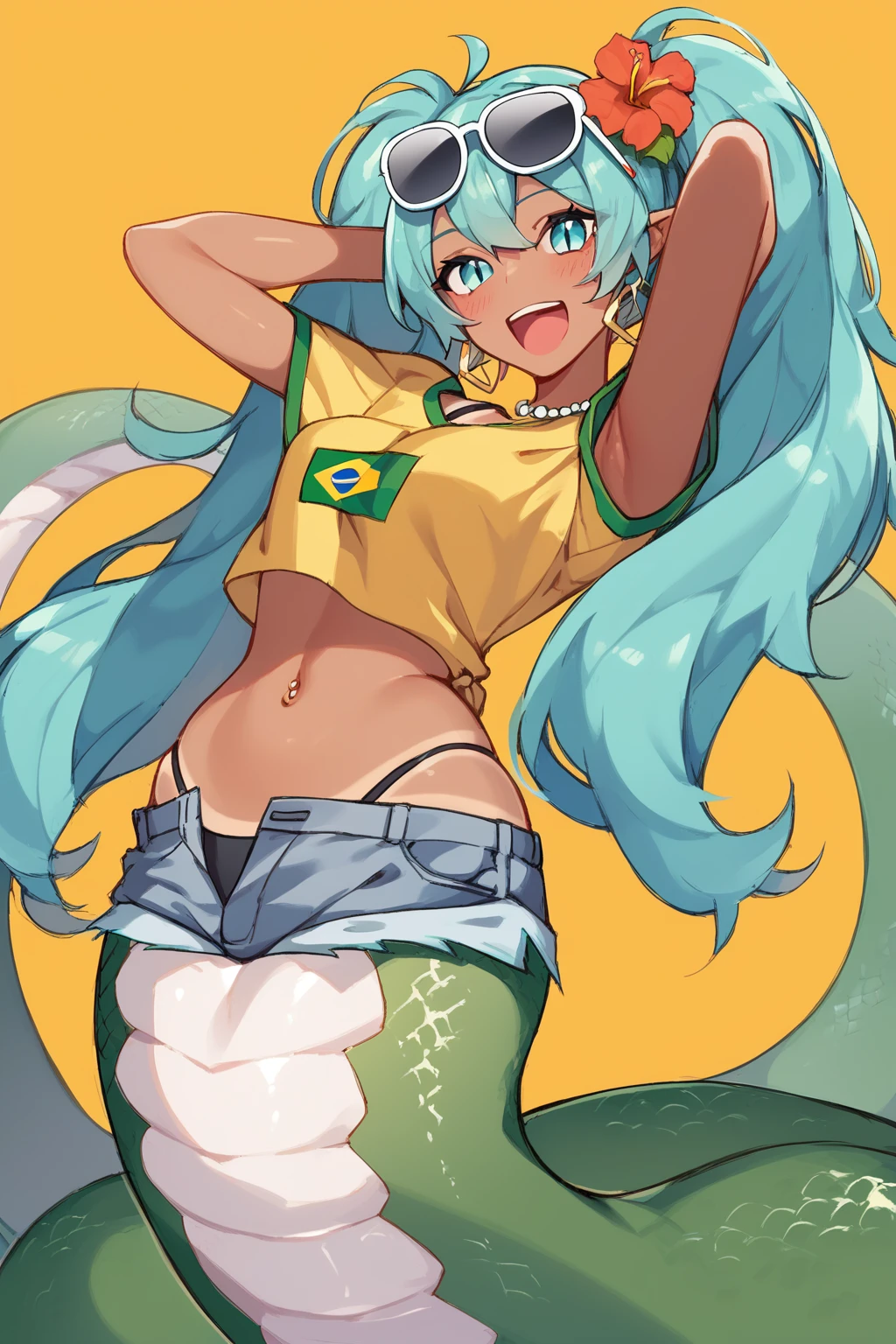 score_9, score_8_up, score_7_up, score_6_up, score_5_up, score_4_up, masterpiece, high quality, BREAK, full body, BREAK, 1girl,  <lora:Brazilian Miku:0.8> aqua hair, sunglasses on head, flower in hair, yellow shirt, brazil flag on shirt, denim shorts, booty shorts, tanned, 1girl, hatsune miku, <lora:Lamia_Transformation:0.77> Lam1a, scales, snake tail, lamia, pointy ears, slit pupils,