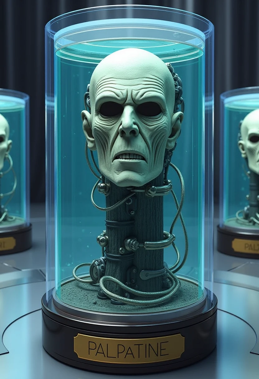 Create a highly detailed, photorealistic image of Emperor Palpatine as a 'living head in a jar.' The head should be inside a transparent glass jar filled with a light blue liquid, with intricate tubes and wires attached to it, giving a scientific and futuristic vibe. The jar should be placed on a metallic stand with a polished, engraved nameplate on the front reading 'Palpatine.' The setting should resemble a high-tech, sterile laboratory with other similar jars in the background, capturing a realistic, eerie atmosphere.