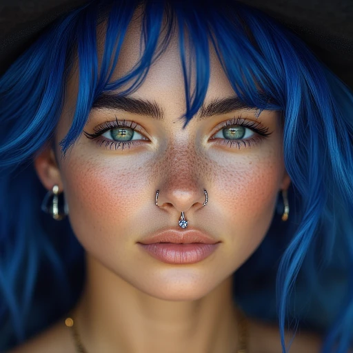 portrait, blue hair, earrings, blue gemstone, parted lips, mole under eye, mole, piercing, eyebrow piercing, hat, car, smile, shirt, lips, braid, jewelry, close-up, greyscale, 1girl