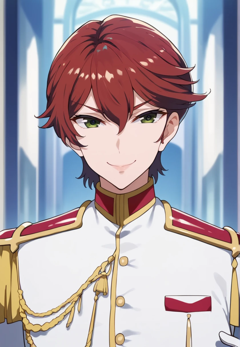 <lora:AkiraHiiragi-06:1> akirahiiragi, short hair, red hair, green eyes, white jacket, white gloves, uniform, military, epaulettes, military uniform, (looking at viewer, closed mouth, smile),, 16k, masterpiece, absurdes, highly detailed, highres, high quality, best quality, score_9, score_8_up, score_7_up, score_6_up, shiny, shiny skin, shiny hair