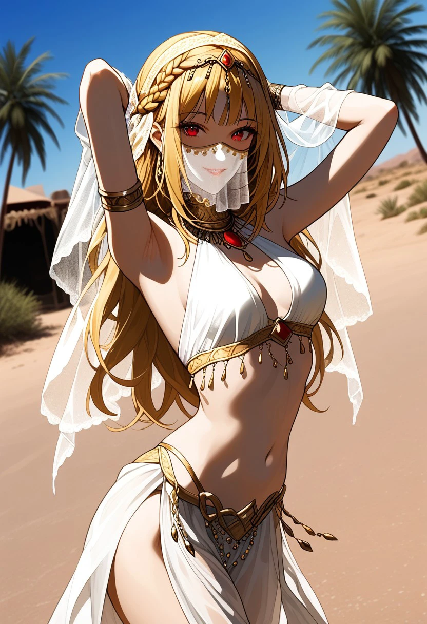 long length hair, golden hair, crown braid, half up and down hairstyle, bright red eyes, oval face, sun-kissed skin with a sprinkling of freckles, slim body, medium high, expressive eyebrows, full lips,  small breast, detailed background, blond pubic hair,
harem outfit, white veil, arabian clothes, neck ring, mouth veil, circlet, harem pants, thighlet, gold trim, dancer, smile, arms up, armpits,, outdoors, desert, sand, palm tree, water,, looking at viewer, solo, cowboy shot, dutch angle