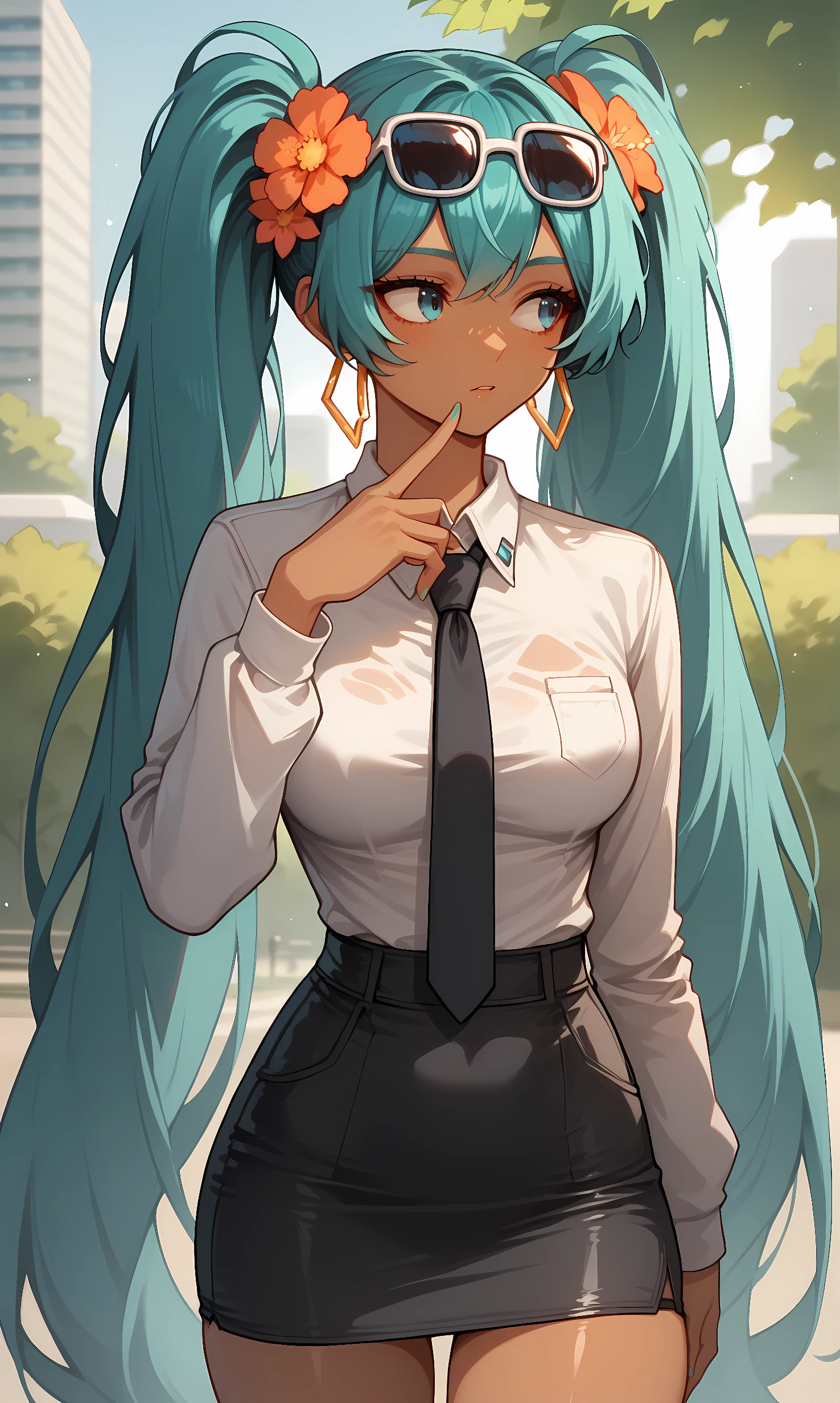 score_9, score_8_up, score_7_up, BREAK source_anime, 1girl, solo, outdoors, park, cowboy shot, standing, looking away, miku_br, blue eyes, aqua hair, absurdly long hair, twintails, dark skin, hair flower ornament, hoop earrings, sunglasses, eyewear on head, collared shirt, black necktie, long sleeves, pencil skirt, finger to mouth, close-up, shiny skin