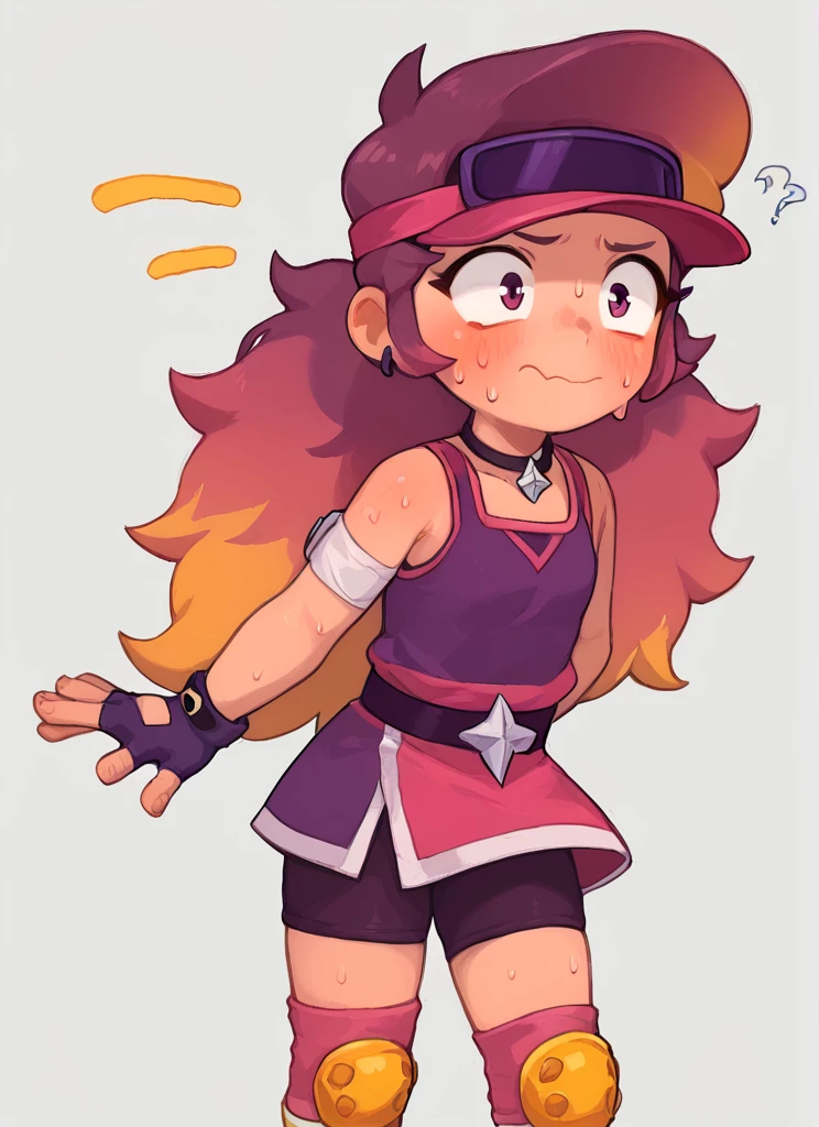 score_9, score_8_up, score_7_up,   <lora:boamber:1>boamber   ,1 girl  , multicolored hair, long hair  ,purple tank top,  belt, yellow knee pads, shorts ,  skirt, shorts under skirt, visor cap,   pink headwear, fingerless gloves,  <lora:PossumMachine:1>posmach  , confused, white Arm band, ??? ,sweat,  blush, nervous smile,