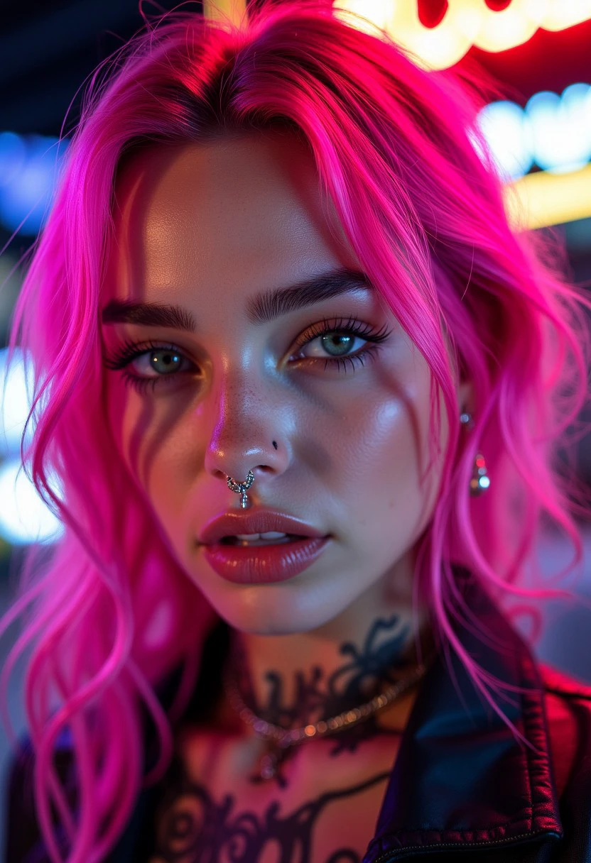 A close-up portrait of a striking woman with vibrant, bubblegum pink hair styled in loose waves. Her face is adorned with multiple facial piercings, including a septum ring, a nose stud, and a small hoop in her eyebrow. The lighting is soft yet dramatic, creating a high-contrast effect that highlights her flawless skin and sharp features. Her intense gaze and subtle smirk exude confidence and a rebellious spirit. The background is a blurred mix of neon lights, adding to the edgy, urban vibe of the scene.