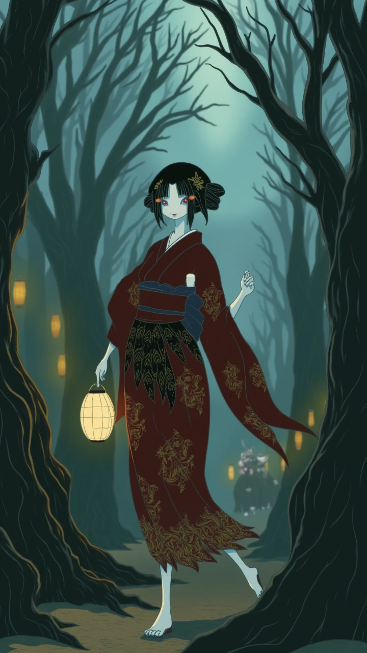 In the style of 240_mado, The image is a digital drawing in an anime style,In a haunting, ethereal scene, an otherworldly parade winds its way through a mist-shrouded forest, led by a traditional Japanese Meiko. She is dressed in a beautifully ornate, blood-red kimono with intricate gold and black patterns, her face pale and expressionless, framed by perfectly styled black hair adorned with kanzashi hairpins. Her dark eyes are filled with an eerie calm as she leads the parade with grace, holding a paper lantern that flickers with an unnatural, ghostly light.  Behind her, a procession of Japanese yokai follows in eerie silence. Tengu with sharp beaks and wings loom above, while mischievous Kitsune with multiple tails slink through the shadows. Strange, twisted formsâlike the long-necked Rokurokubi and the hopping, one-legged Karakasaâmove in rhythmic, unsettling unison. The path is lit by floating, spectral lanterns, casting an otherworldly glow over the twisted, gnarled trees that frame this eerie, spectral march.