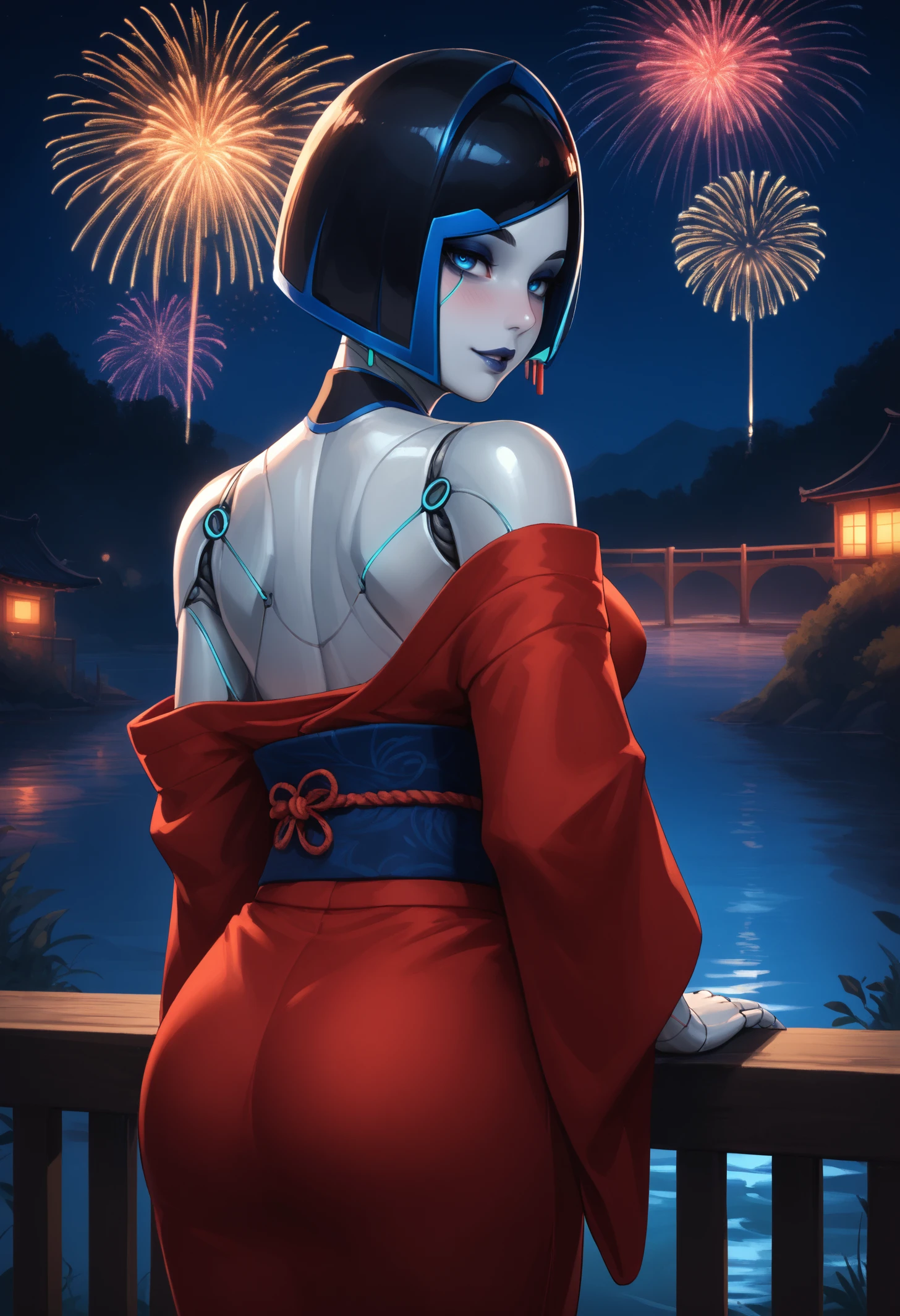 score_9, score_8_up, score_7_up, 1girl, demidef, android, robot joints, colored skin, blue eyes, lipstick, eyeshadow, earrings, short hair, large breasts,
red kimono, off-shoulder kimono,
looking at viewer, looking back, seductive smile, blush, parted lips, bedroom eyes, cowboy shot, rear view, railing,
outdoors, night, dark, fireworks, river,
<lora:Subverse-DEMI-PDXL_V1-Manityro-CAME:1.0>,