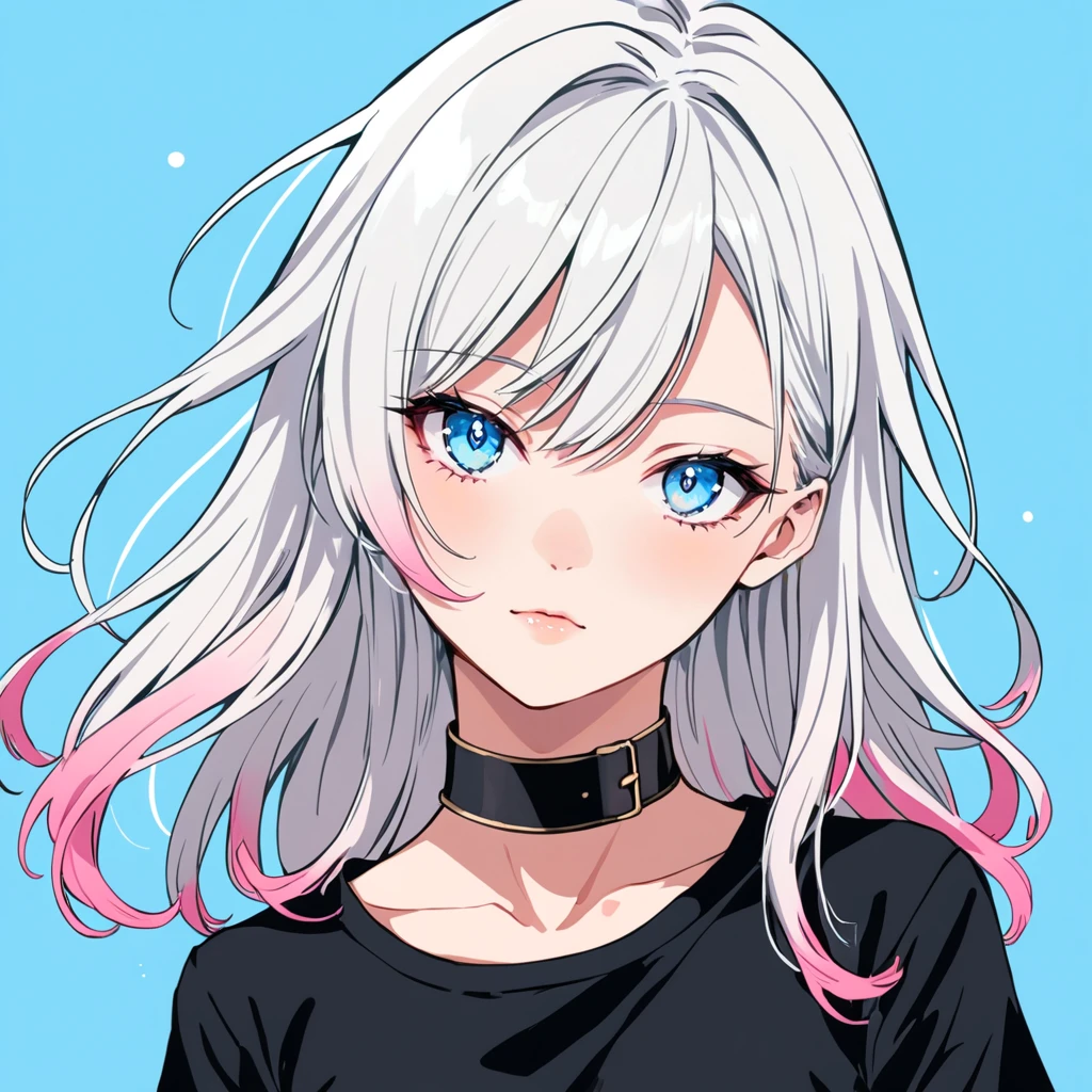 best quality, hires, 
girl, white hair, pink colored tips, [(wolf cut, flipped hair:1.2):0.1], [blue eyes:0.1], swept bangs, black choker, black t-shirt, small breasts, upper body, head tilt, 
light blue background, 
<lora:Wolf_Cut:0.7>