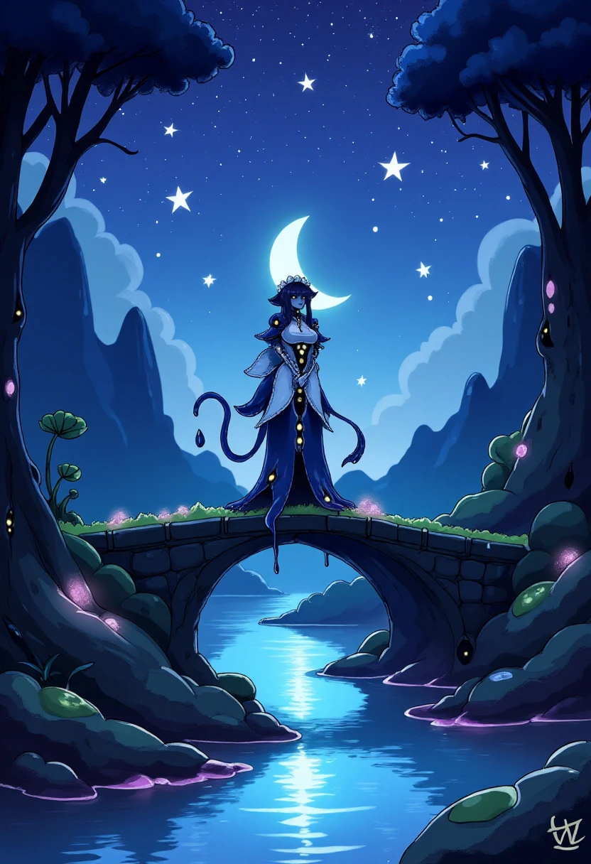 <lora:Shoggoth_Monster_Girl_-_Flux:1> A full body illustration of Shogg0th wearing her maid_dress standing on a stone bridge spanning a river that is reflecting the stars and moon