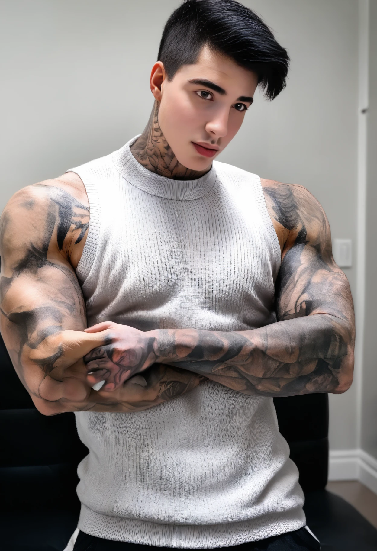 UHD, 8K, ultra detailed, highly realistic photo of , (high resolution 8K photo quality:1.3),  1boy,  solo,  male focus,  jakipz wearing sweater vest arms folded and looking directly at the camera, pectorals, abs, tattoos,  <lora:jakipz-v1:1>