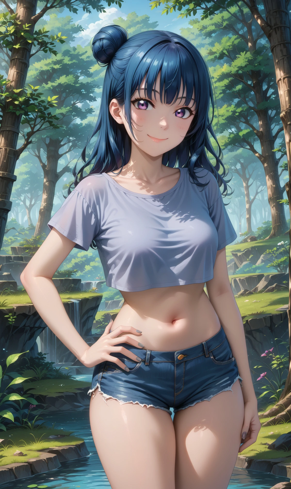 score_9, score_8_up, score_7_up, solo, 1girl, tsushimayoshiko, long hair, blue hair, purple eyes, side hair bun, looking at viewer, medium breasts,
grey shirt, crop top, short sleeves, smile, denim shorts, closed mouth, collarbone, midriff,
(thighs:1.5), feet out of frame, outdoors, greenery, (hand on hips:1.1), nail polish, grey nails,
<lora:yoshiko-04pony:1>