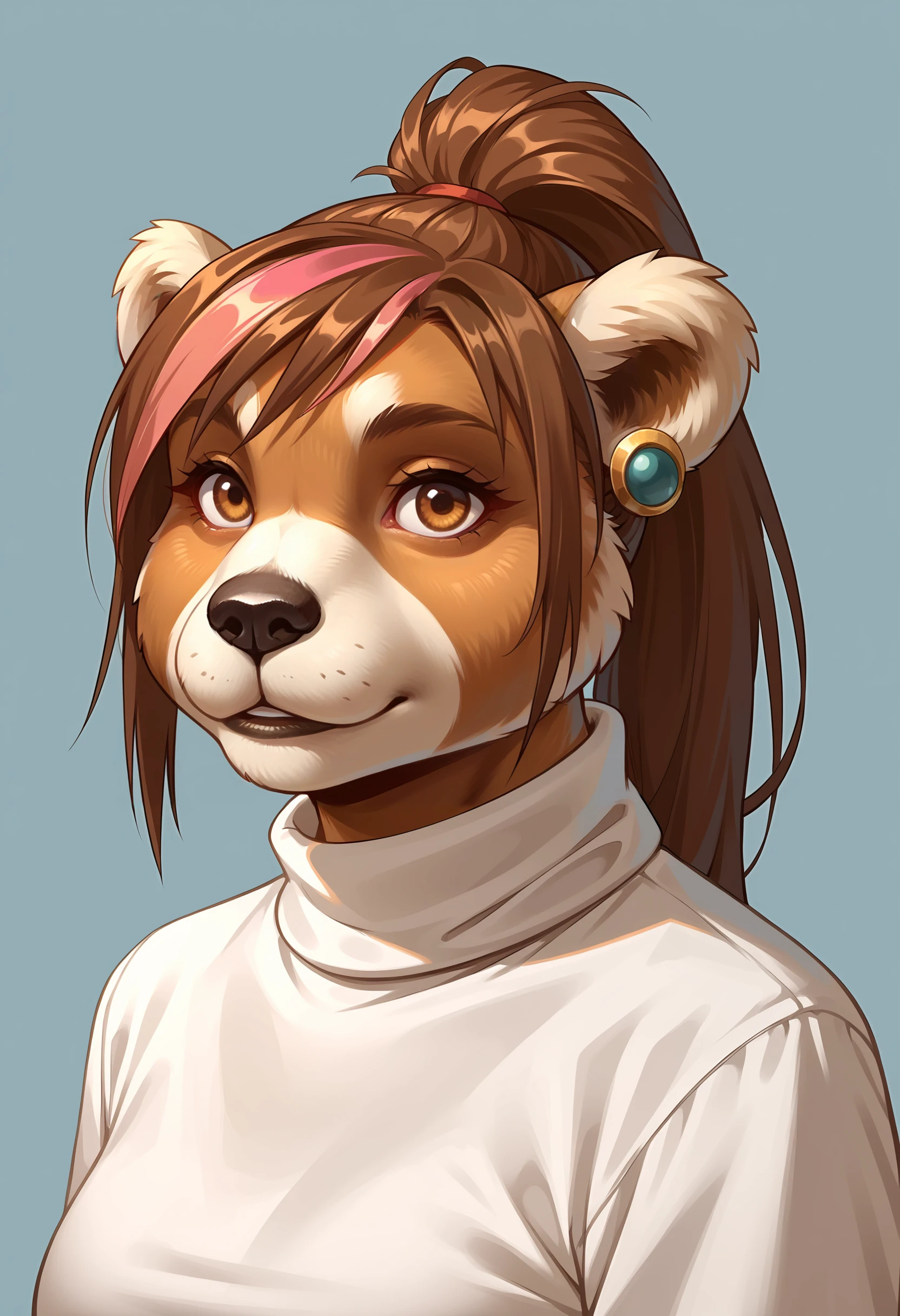 score_9, score_8_up, score_7_up, score_6_up, score_5_up, score_4_up, 1girl, <lora:PandaPriest:0.85> furry, bear, brown hair, multi colored hair, ponytail, brown eyes, animal ears, earrings, wearing a turtleneck, (white turtleneck:1.2), 
light blue background, simple background,