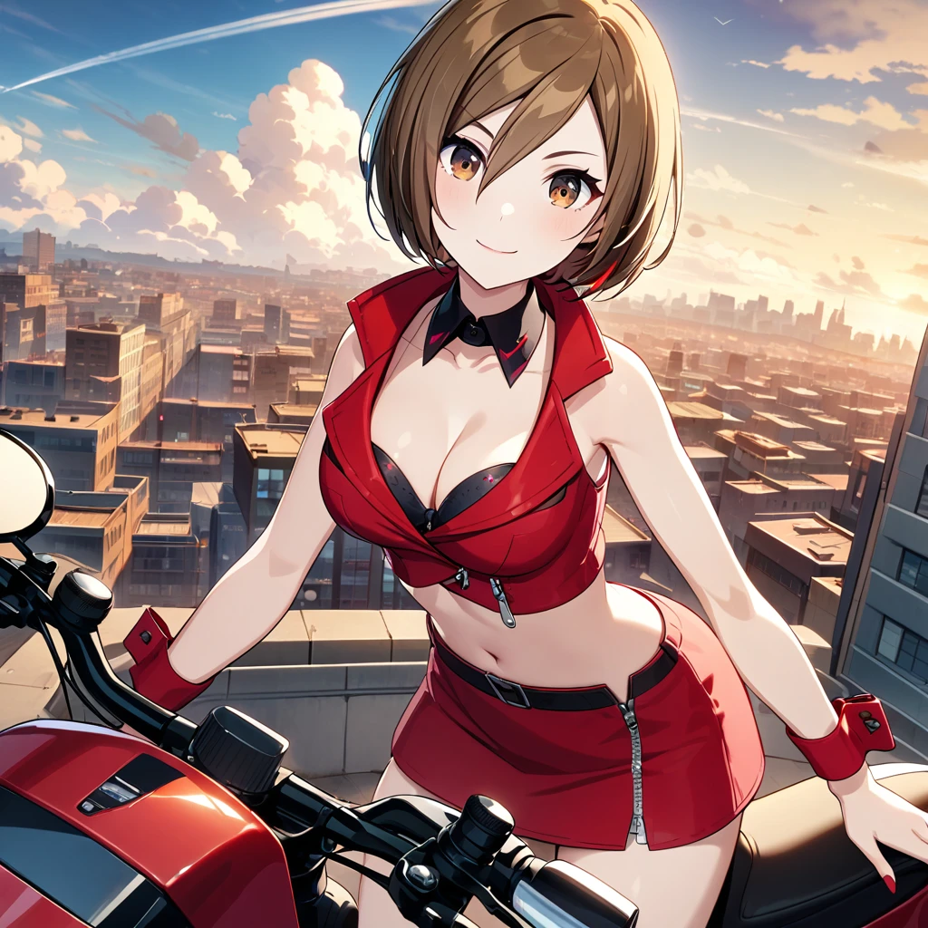 1girl, meiko \(vocaroid\), vocaroid, masterpiece, very aesthetic, absurdres, official art, recent,
solo, brown hair, short hair, brown eyes,
looking at viewer, light smile, riding motorcycle, motorcycle, BREAK
skirt, crop top, wrist cuffs, red skirt, midriff, navel, breasts, cleavage, miniskirt, medium breasts, zipper, red jacket, collar, sleeveless, shirt, jacket, bra, sleeveless jacket, red shirt, detached collar, black bra, stomach, bare shoulders, zipper pull tab, belt, underwear, cropped jacket, collarbone, red nail, 
beautiful blue sky, cumulonimbus, group of buildings, 1Contrail, cityscape, warm light, the top of the hill, Overlooking the cityscape, scenery, Looking down on the city from the roof of a building, 
 <lora:sdxl-vs-DefaultMeiko01:0.8:lbw=0,0,0.2,0.2,0,0.4,0.4,0,0.8,0.8,0,0,0,0.8,0.8,0.6,0.8,0.0,0.0,0.0,0,0,0,0,0,0>