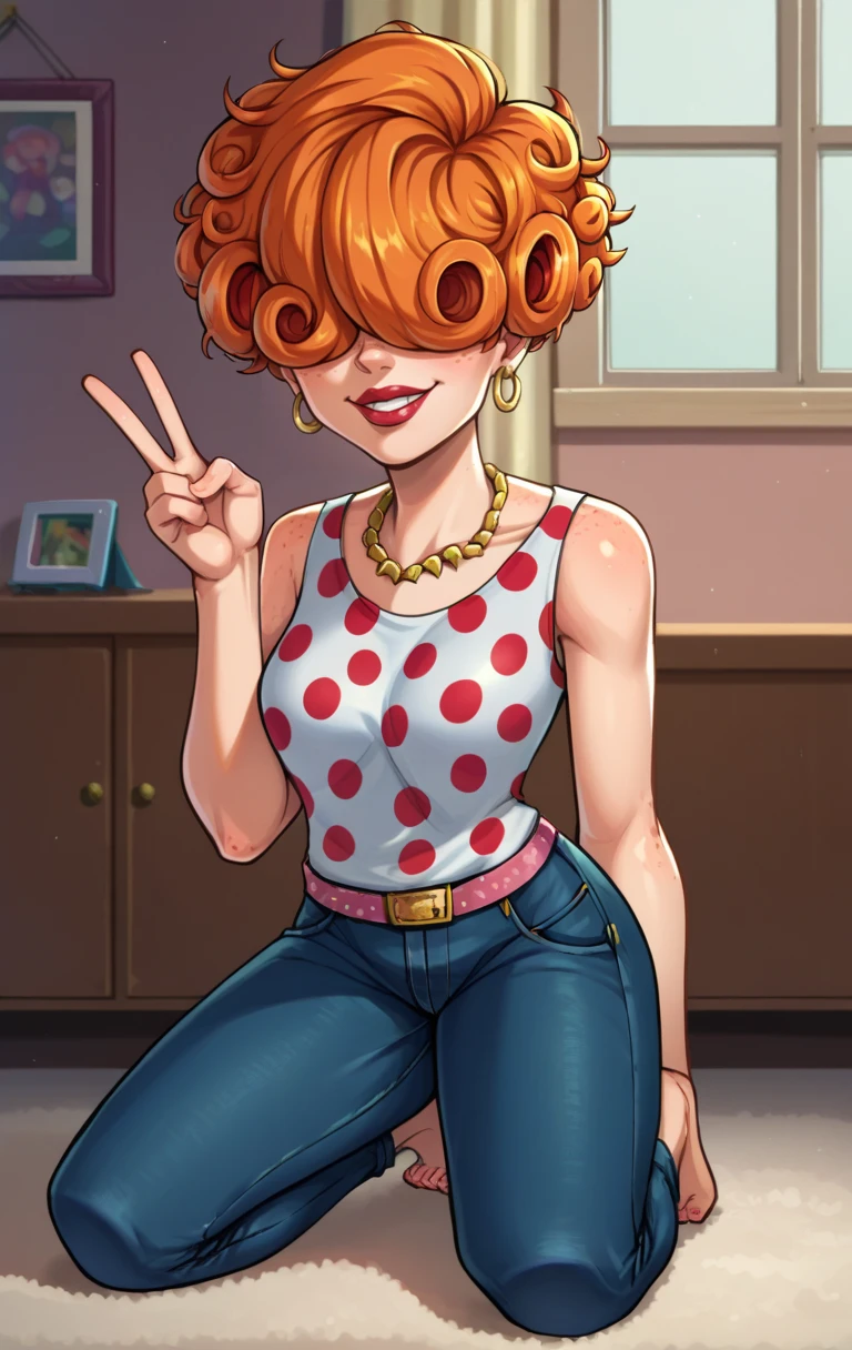 score_9,score_8_up,score_7_up BREAK source_cartoon,<lora:lee-10:1>,leeKankerSDXL,1girl,earrings,short hair,belt,pants,necklace,orange hair,makeup,polka dot,denim,lipstick,curly hair,freckless,jeans,hoop earrings,hair over eyes,room,room background,kneeling,v