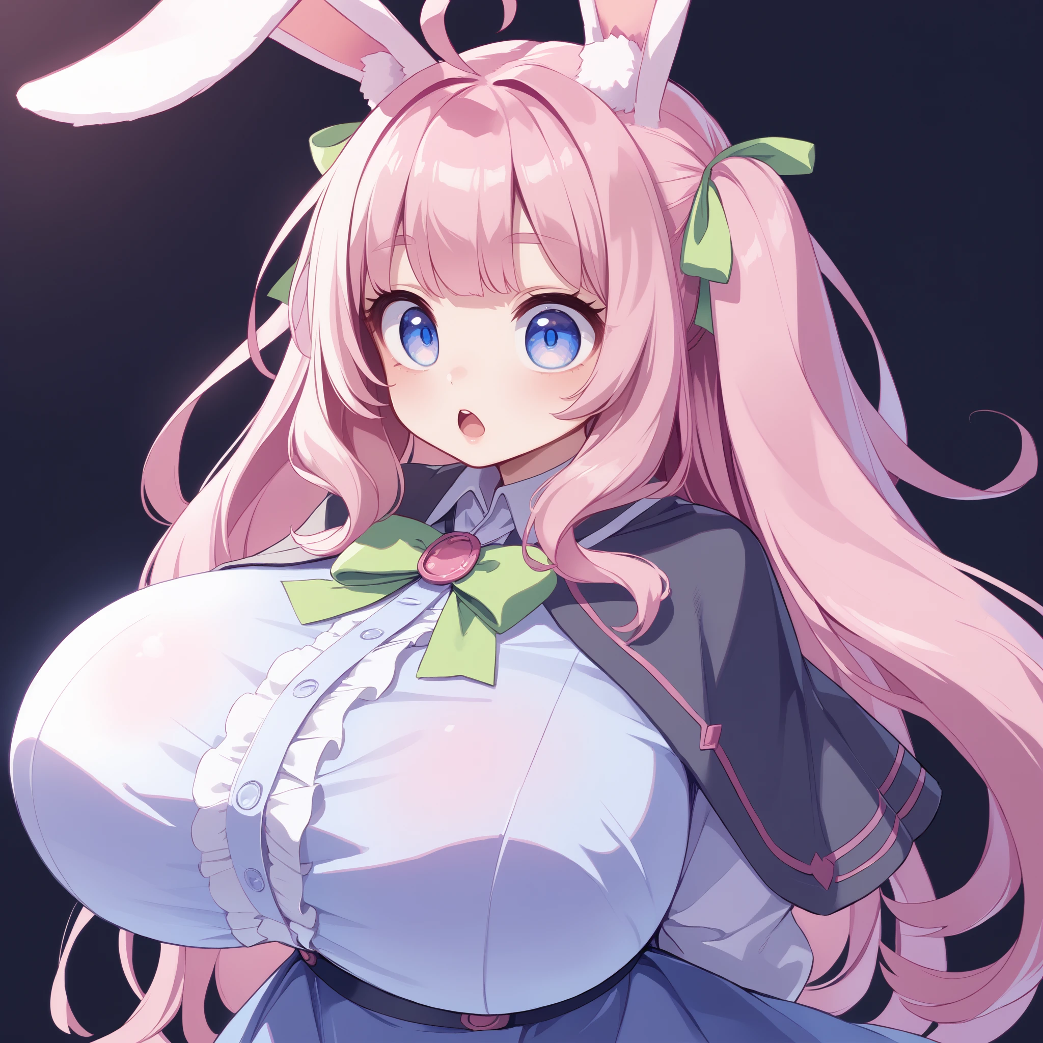 score_9,score_8_up,score_7_up, rabbit girl, lop rabbit ears, blue eyes, pink hair, gigantic breasts, black background, open mouth, :d, ahoge, big eyes, animal ear fluff, portrait,green ribbon, hair ribbon,hands behind back, button-up blouse, white blouse, center frills, button-up skirt, black skirt, black capelet, black juliet sleeves,