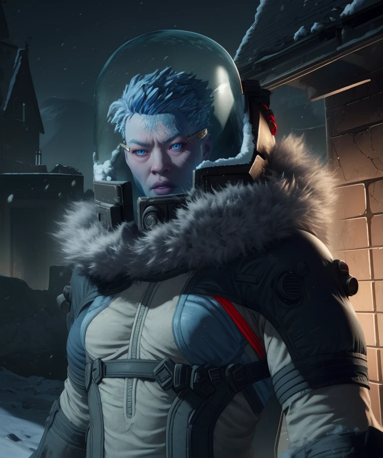 mrsfrzessq,blue eyes,blue ice hair,short hair,
helmet,bodysuit,fur trim,looking at viewer,upper body,serious,
snow,night,
(insanely detailed, masterpiece, best quality) solo,<lora:msfreezeSSQ:0.9>,