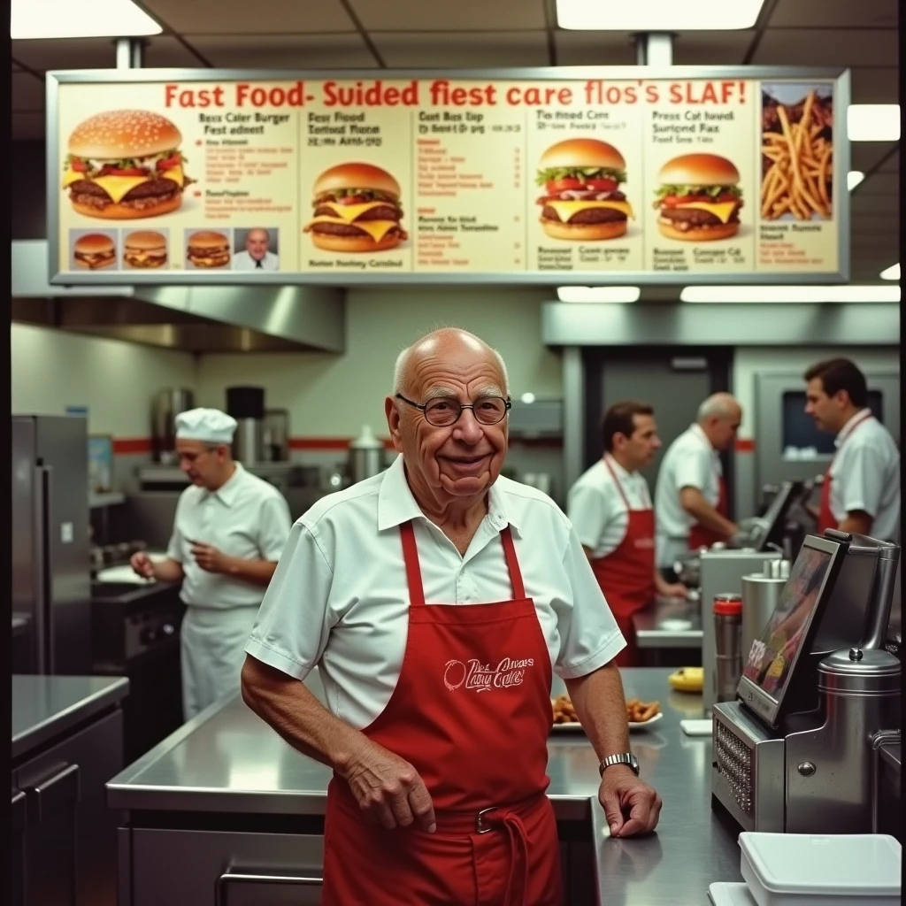 RupertMurdoch, a an old man working at a fast food burger chain. He is wearing a fast food outfit. He is standing behind a register. Above him is a large menu.  There are fry cooks in the background. 