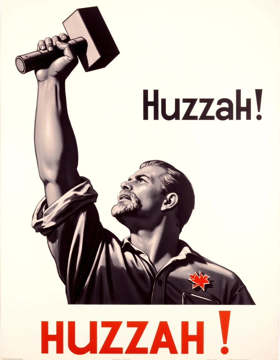 <lora:Soviet_Flux_2:0.9> Soviet poster, soviet style, 
A man with both hands in the air holding a hammer and sickle, white background, in the black text above says: Huzzah!