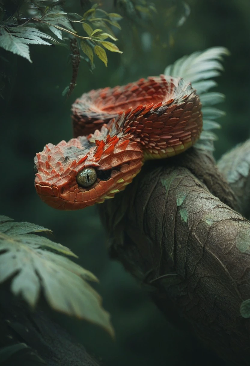 score_9, score_8_up, score_7_up, score_4, score_5, score_6, source_furry, feral snake, Spiny viper, spiny scales, red skin, sitting in a tree, tree, jungle, leaves, view from above,