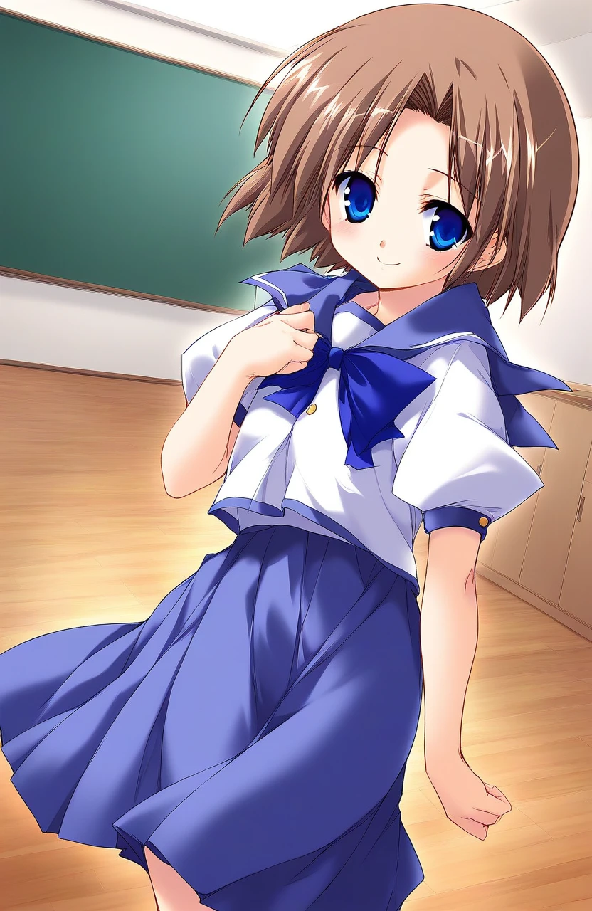 score_9, score_8_up, score_7_up, source_anime, rating_explicit, BREAK   <lora:Shiki_Akimi_Ver2.0_XL:1> ShikiAkimi, brown hair, blue eyes, short hair, short stack,
 solo, school uniform, blue skirt, long skirt, 
room, flooring, curtain, 
smile, 
looking at viewer, 
cowboy_Shot,