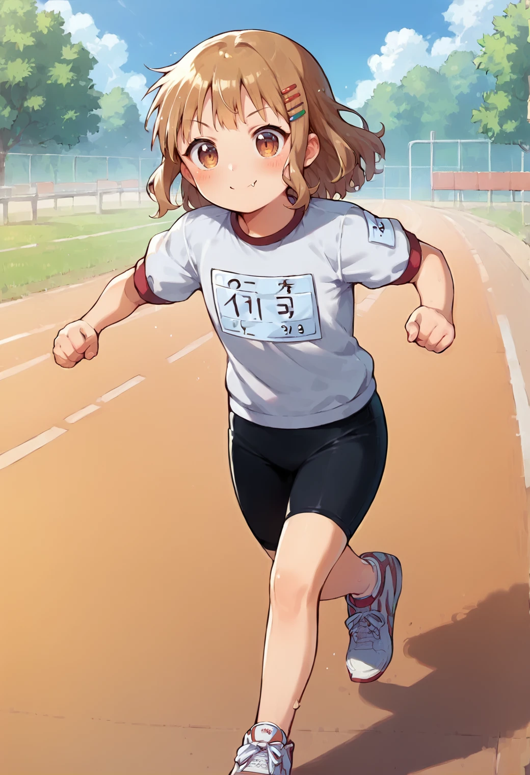 score_9, score_7_up, hd, (ultra hd quality details), source_anime, outdoors,
solo, 1girl, oosaku, hairclip, fang,
gym uniform, gym shirt name tag, bike shorts, sneakers,
blush, smile, closed mouth, 
standing, running,
 <lora:_sakurako_oomuro-elesico-pony-e07:0.8>