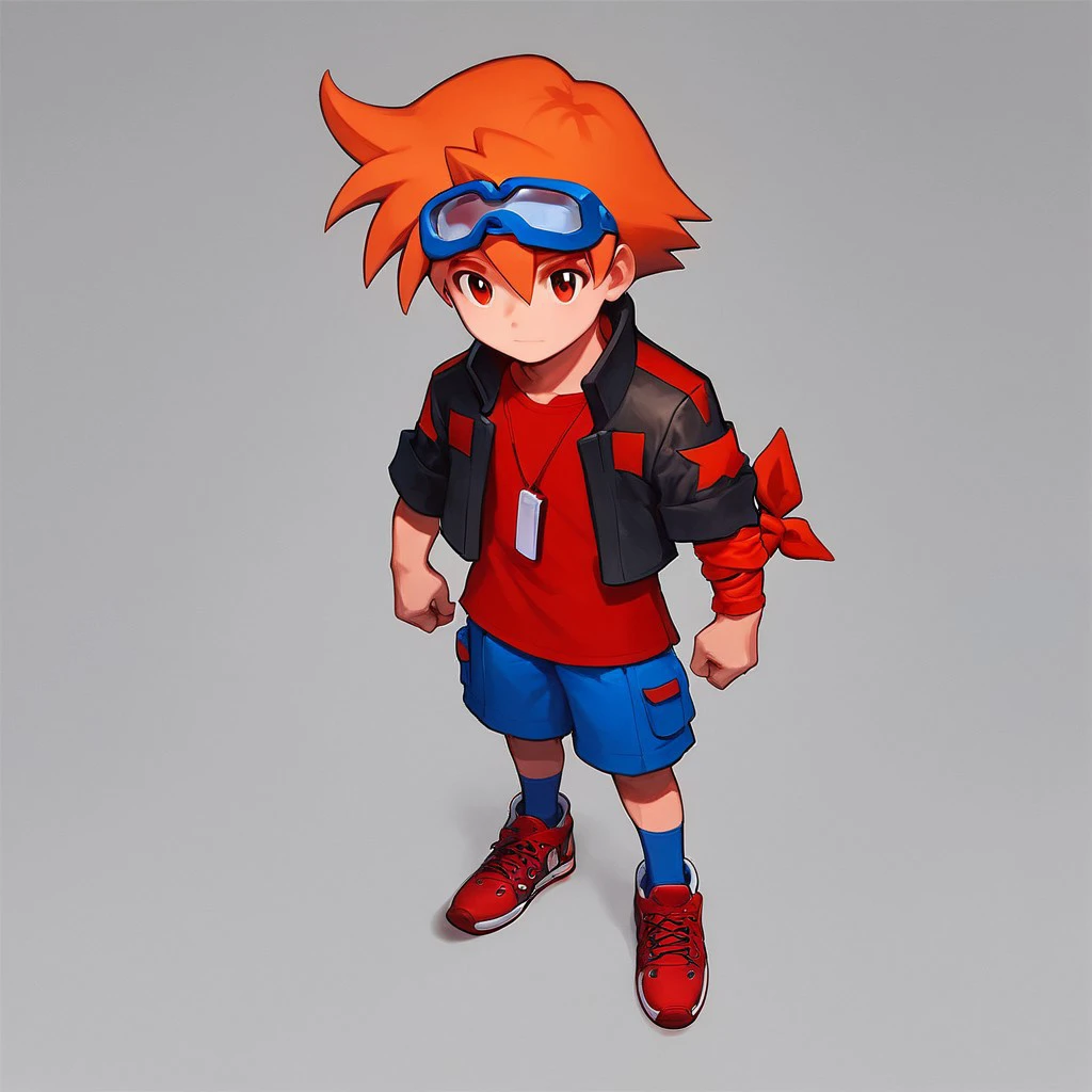 Koh, Digimon, male, boy, orange hair, red eyes, medium hair, spiky hair, blue goggles, red armband, closed mouth, perfect, perfection, solo, flawless, red armscarf, black jacket, red shirt, blue shorts, blue socks, red sneakers, pendant, digivice, phone, detailed faced, detailed eyes, detailed, good art, best quality, highest, quality, good anatomy, perfect anatomy, masterpiece, beautiful, insanely detailed, anime, well-drawn, BREAK, score_9, score_8_up, score_7_up, score_6_up