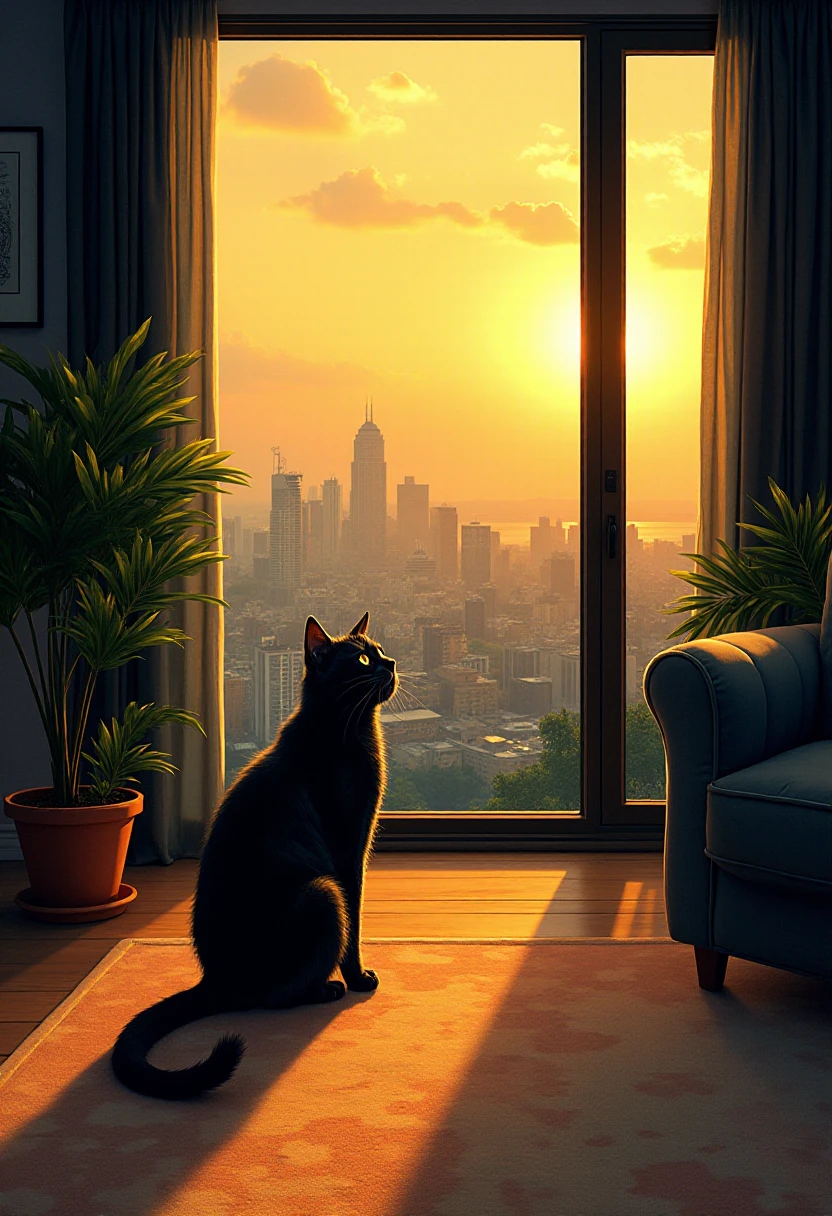 Deco_BlackGold, an illustration of a cat in a living room with a large window showing a distant cityscape <lora:Art_Deco_Obsidian_Gold_S:1>