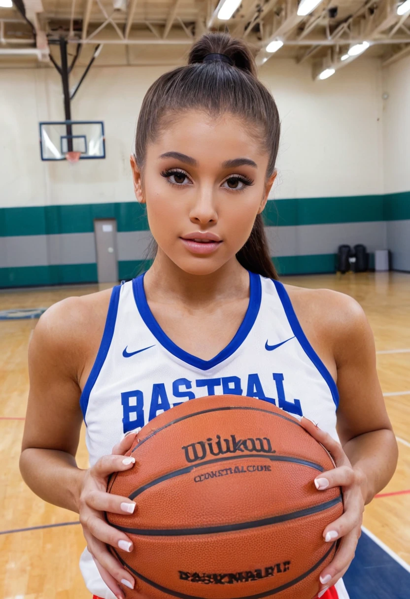 half body photo of a woman, 4r14n44,,high ponytail,wearing a basketball jersey, at a basketball court, looking at camera,light makeup<lora:Ariana_Grande_2016_SDXL:.9>