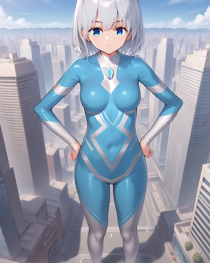 <lora:niyon:1>,niyon,short hair,medium breasts,silver hair,blue eyes,
blue chest jewel,bodysuit,blue bodysuit,
1girl,solo,
standing,hands on own hips,
giant,city,giantess,kk_giantess,<lora:Giant_Girl__KK:0.6>,, score_9,score_8_up,score_7_up,source_anime,best quality,masterpiece,uncensored,detailed eyes,