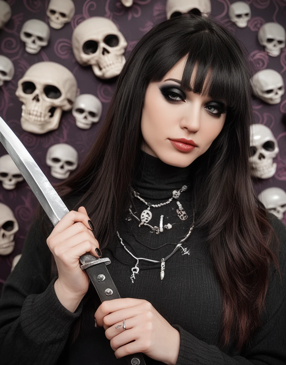 score_9, score_8_up, score_7_up, score_6_up, amouranth, solo, black hair, very alluring, turtleneck sweater, lowered eyelids, black nails, long hair, metallic eyeshadow, holding, knife, skulls, pattern background, popart, complex background, fringe bangs, goth, detailed <lora:Amouranth_Pony_DoRa_32b:0.95>