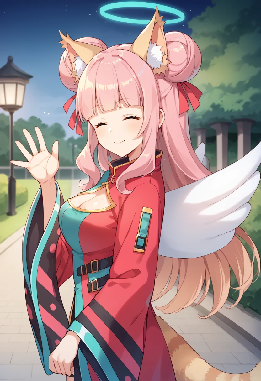 score_9,score_8_up,score_7_up,source_anime,masterpiece,best quality,game cg,1girl,solo,little_girl,leppanyo_(show_by_rock!!),blue halo,long hair,blunt bangs,pink hair,hair bun,hair ribbon,double bun,animal ears,wings,tail,ribbon,cleavage,red dress,long sleeves,cleavage cutout,clothing cutout,wide sleeves,<lora:leppanyoSB69:1>,looking_at_viewer,cowboy_shot,smile,park,hair_pull,from_side,night,closed eyes,closed mouth,:>,waving,