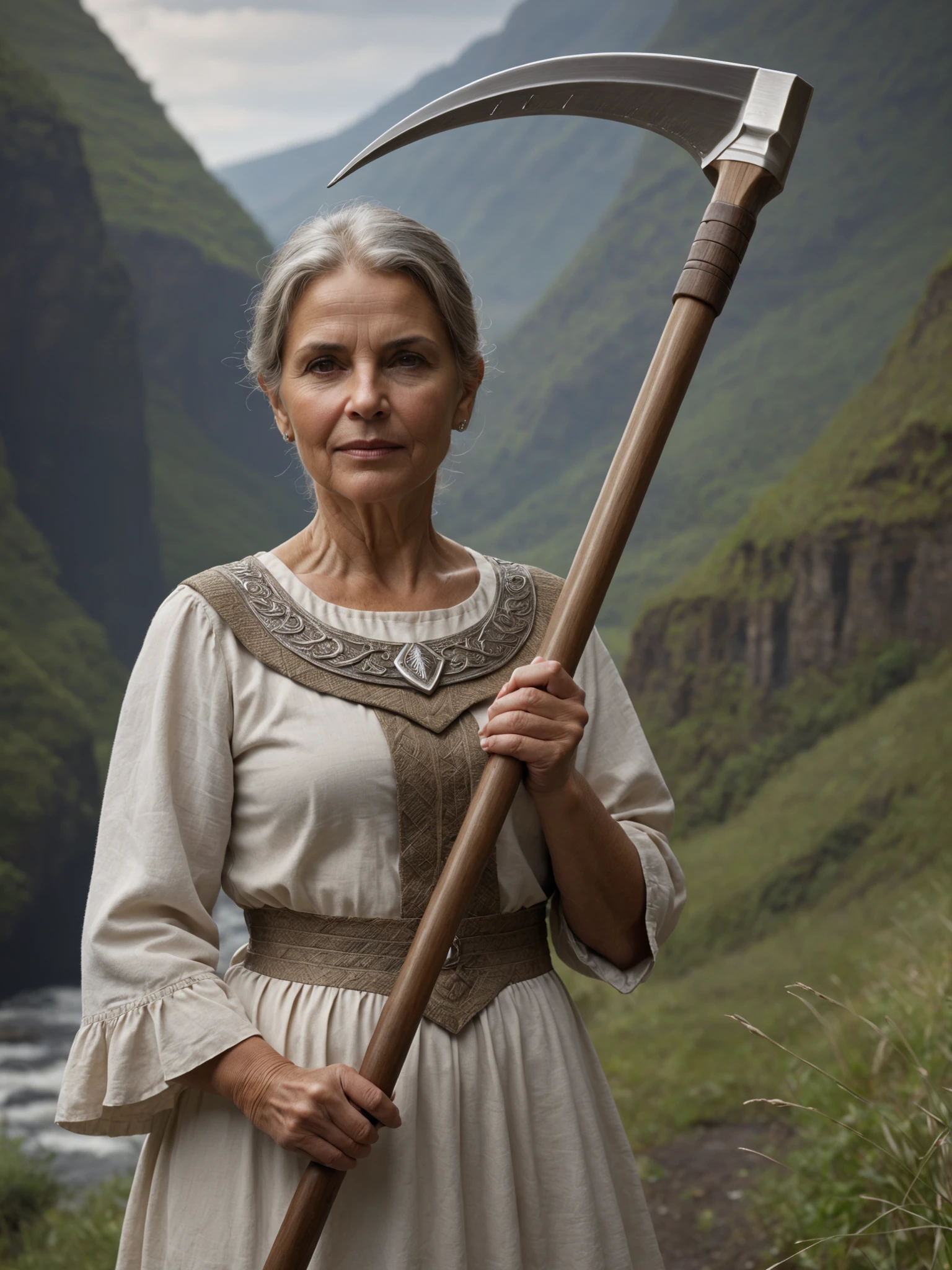 RAW, 8k, hyper realistic, high resolution, masterpiece, best quality, photorealistic, raw photo of Sixty-something Ecuadorean female holding a scyth3 while in a gorge, scyth3, extremely intricate details, photographic, realism pushed to extreme, fine texture, incredibly lifelike, natural, (sfw:1.05), <lora:SDXL1-ScytheXL_v0.24.224.05:0.7>,