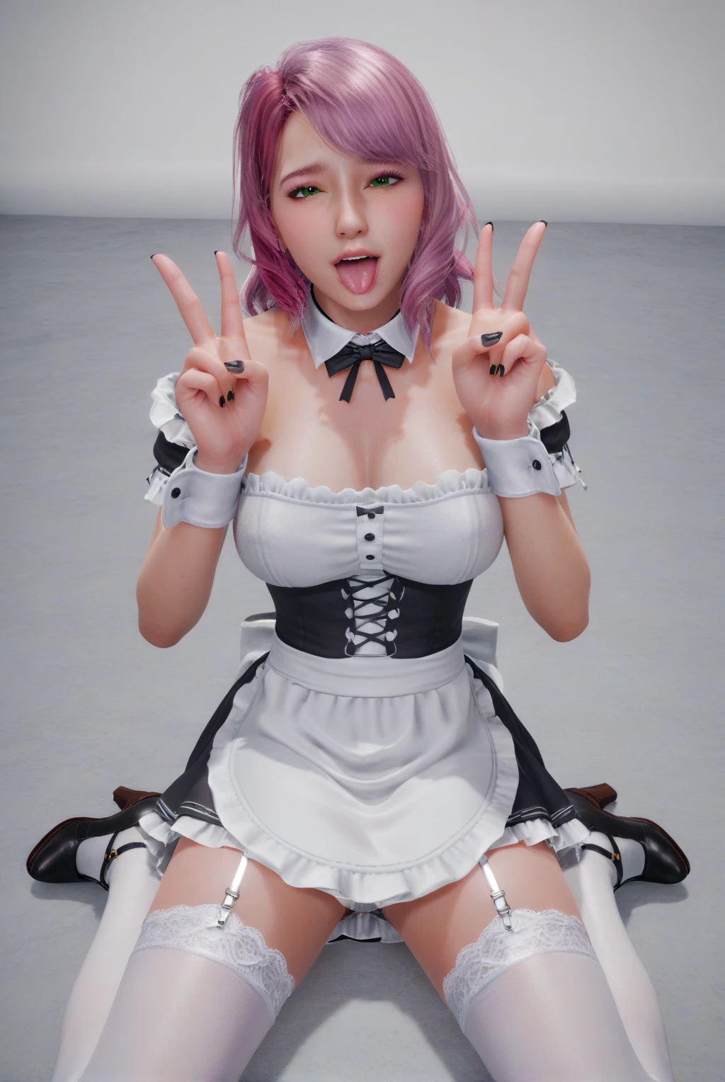 score_9, score_8_up, score_7_up, 1girl, realistic skin, realistic, photorealism, AlisaT8, pink hair, green eyes, choker, apron, wrist cuffs, maid, white thighhighs, garter straps, bare shoulders, ahegao, (half-closed eyes), rolled eyes, model viewer gray background, 3d model, 3d render, (sitting), spread legs, from above, upskirt, (close up), double v, black nails