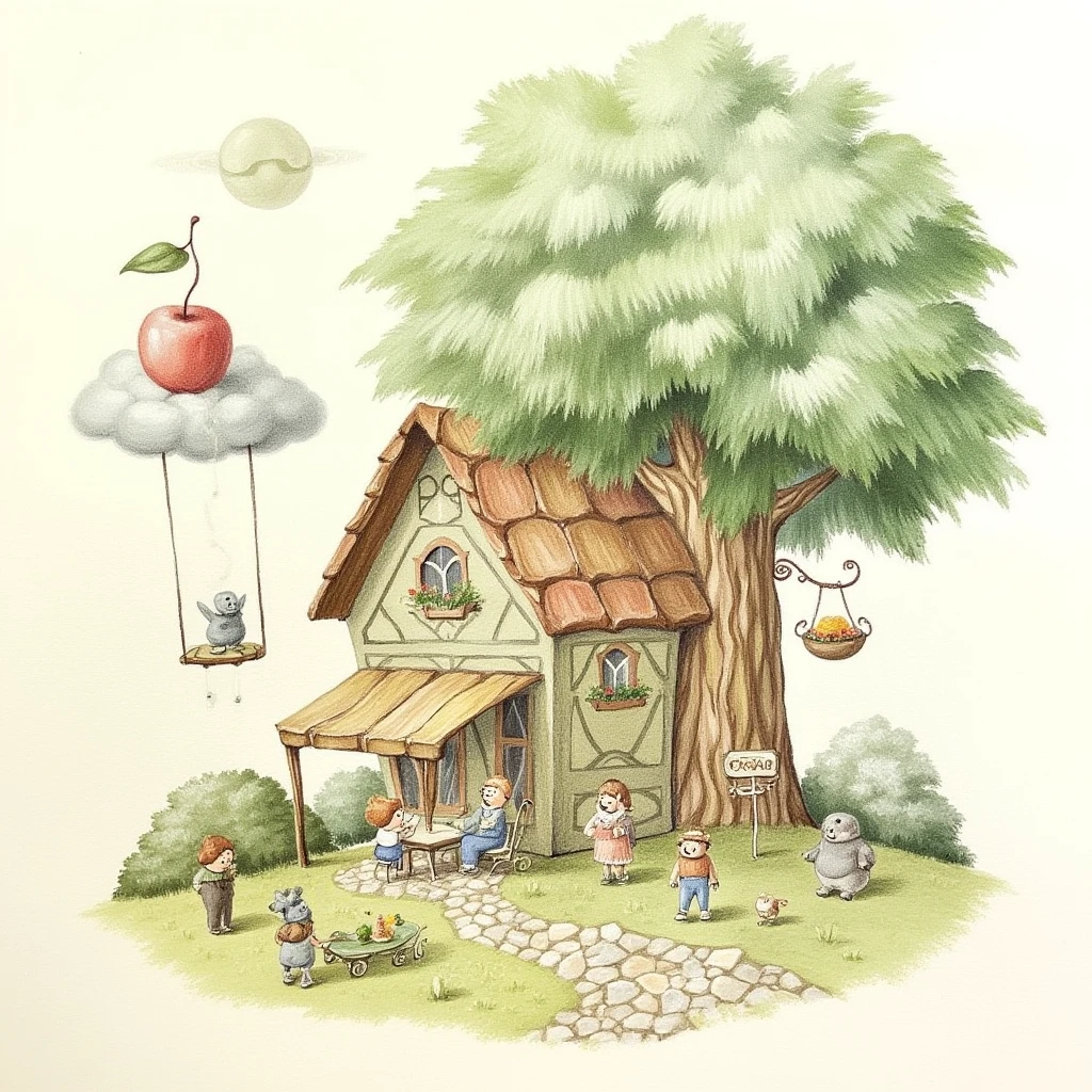 fairy tales,Best picture quality, masterpiece, high definition, 4K, A drawing of a house with a tree in the front of it. There are people sitting at a table in front of the tree. There is a girl in a blue shirt sitting at the table. There's a cherry on top of a cloud above her head. There