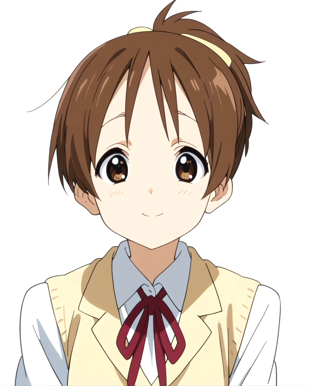 score_9, score_8_up, score_7_up, best quality, masterpiece, anime screencap, anime coloring, looking at viewer, 1girl, solo, upper body, (simple background, solid white background:1.3), <lora:ui-konPDXL:0.8>, ui hirasawa, ponytail, school uniform, smile