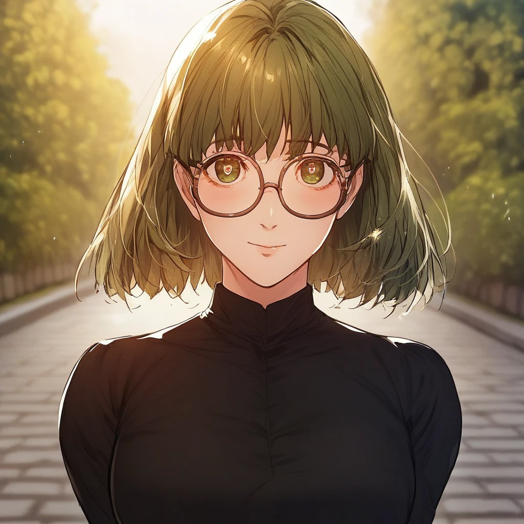 score_9, score_8_up, score_7_up, ASCII masterpiece, source_anime, BREAK, 1girl, solo, (( <lora:soo-ki:1> , soo-ki, thin waist, normal hips, beautiful skin, beautiful light green eyes, clear eyes, bright pupils, beautiful eyes, beautiful green hair, beautiful bob cut hair, bangs, huge and shaggy breasts, natural beauty, extraordinary beautiful cute woman, attractive cute woman, super sexy cute woman, lustful body, sexy cute woman with seductive obscene body, sensual body, voluptuous body, cute sexy beauty, no piercings, no piercing, glasses, )), ((sexy long sleeves black dress, black belt, brown glasses cord, )) , looking at viewer, uncensored, sexy pose, beautiful smile, outdoor, park, looking at viewer, horny, seductive, cute pose, cowboy shot, front view, embarrassed, hands behind back,