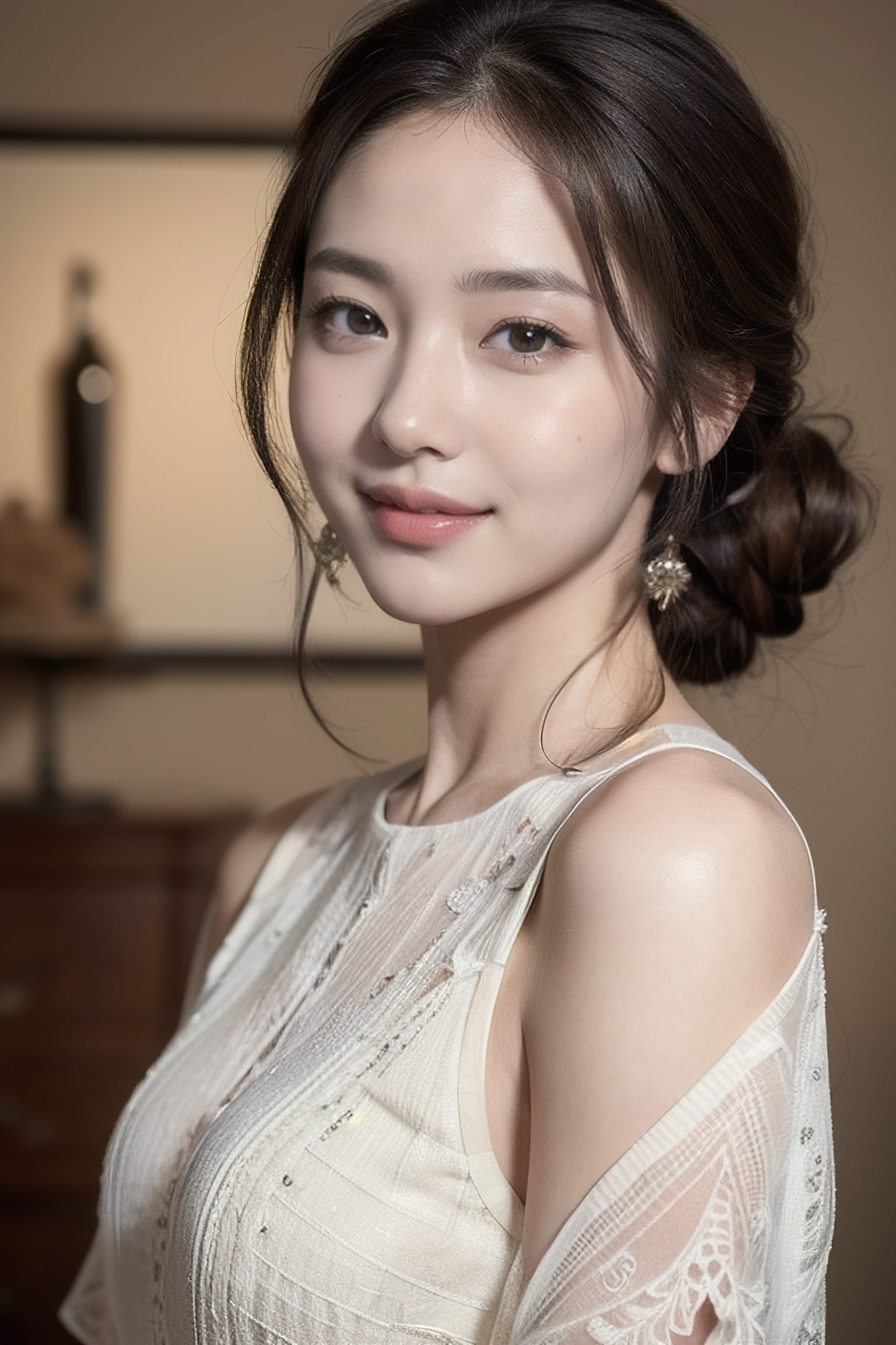 (masterpiece:1.3), (8K, Photorealsitic, Raw photography, Top image quality: 1.4), Japan high school girls、(Random hairstyles:1.2)、cleavage of the breast:1.2、Super Detail Face、Eye of Detail、二重まぶた、Bring your chest together、foco nítido:1.2、prety woman:1.4、light brown hair、top-quality、masterpiece、超A high resolution、(Photorealsitic:1.4)、Highly detailed and professional lighting smile、Loose and light knitwear、Shoulder out、slender、serious facial expression、short-haired、Fatal position