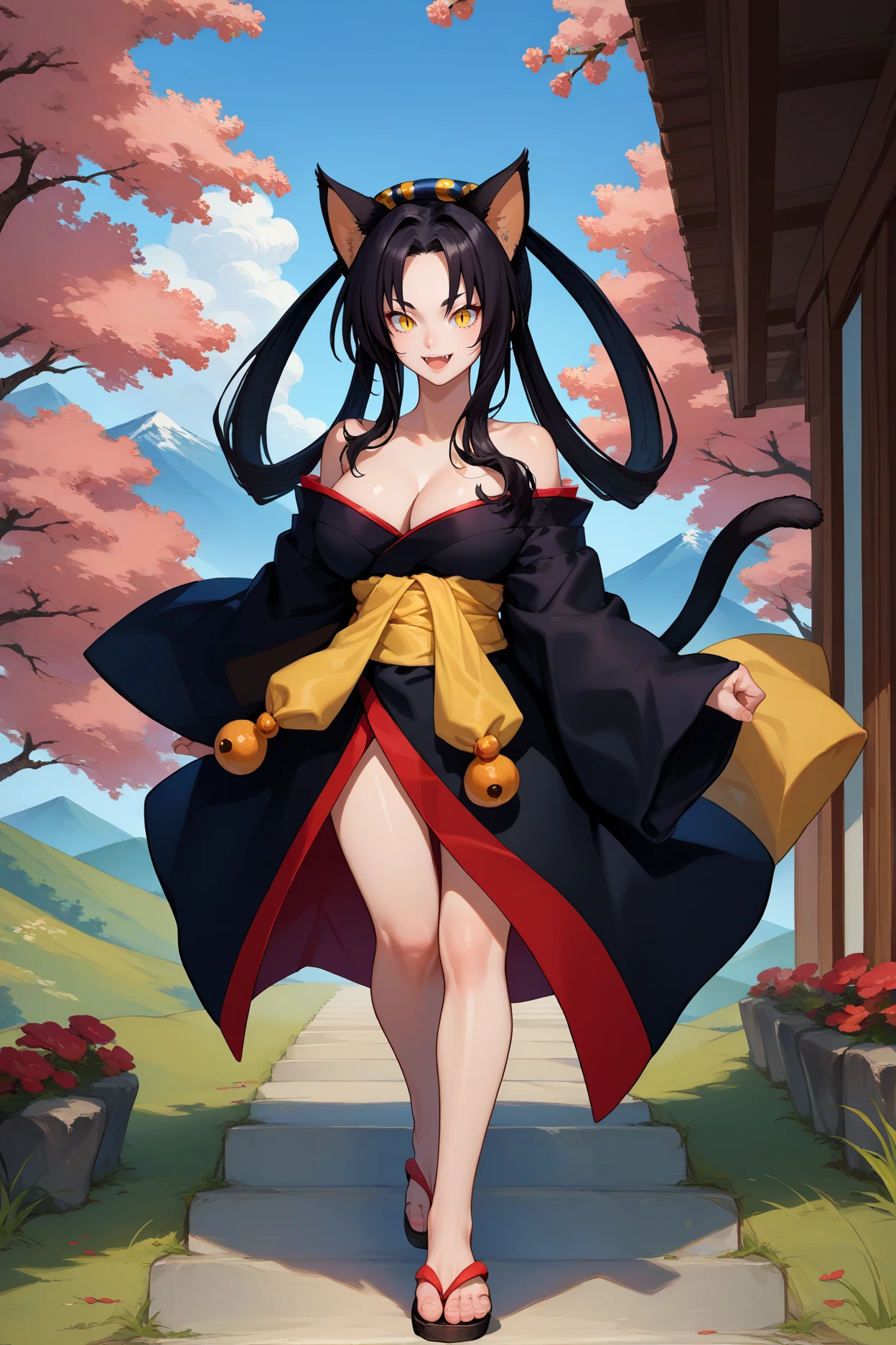 score_9, score_8_up, score_7_up, score_6_up, source_anime, 1girl, <lora:kuroka-pdxl-nvwls-v1-000005:1> dxdKu, cat ears, black hair, yellow eyes, slit pupils, hairband, hair rings, black kimono, off shoulder, cleavage, yellow sash, multiple tails, large breasts, sandals, full body, walking, stairs, mountains, blue sky, happy, looking at you