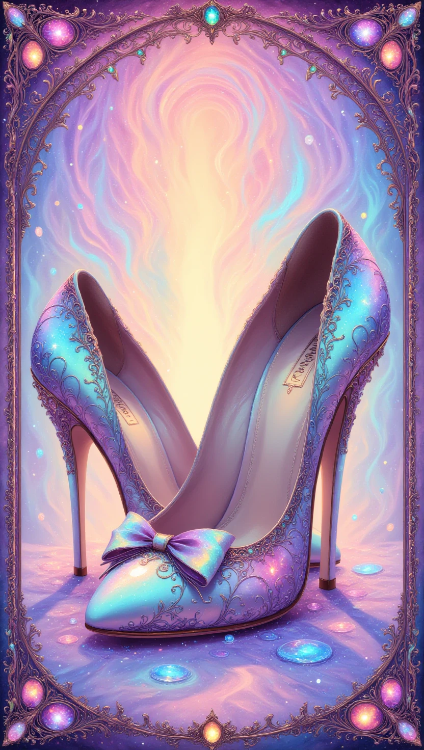 artnouveaustyle, pastel iridescent frame,A pretty pair of high heels with bow detail, surrounded by soft focus lighting to highlight the shoe's texture and shine