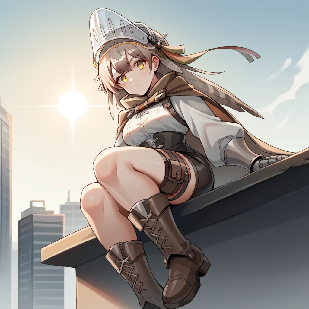 score_9_up, score_8_up, score_7_up, source_anime, masterpiece, best quality, 1girl, solo, Fartooth_Ark, Far_Def,  skyscrapers, sun light, squatting on roof, head tilt, knees together, looking down at you, from below, confused, grey hair, long hair, feather hair, visor (armor), helmet, yellow eyes, brown cape, puffy long sleeves, white sleeves, gauntlets, white shirt, high-waist shorts, black shorts, belt, strap, thigh strap, thigh pouch, knee boots, armored boots,mature body, dynamic cowboy shot, outdoors, cityscape background