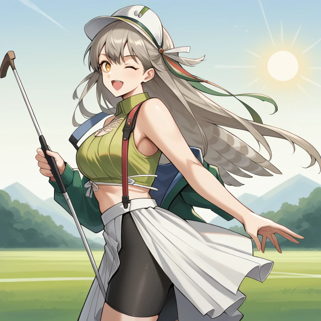 score_9_up, score_8_up, score_7_up, source_anime, masterpiece, best quality, 1girl, solo, Fartooth_Ark, Far_Alt, sun light clouds, standing, excited, half-opened mouth, holding golf club, swinging golf club, motion blur, wink, from side, grey hair, long hair, feather hair, white headwear, hat, peaked cap, yellow eyes, crop top, green shirt, sleeveless shirt, collared shirt, bare shoulders, off-shoulder jacket, green jacket, long sleeves, green sleeves, ribbon, cleavage cutout, white skirt, bike shorts, black shorts, shorts under skirt, side slit, mature body, dynamic cowboy shot, outdoors, golf course field background