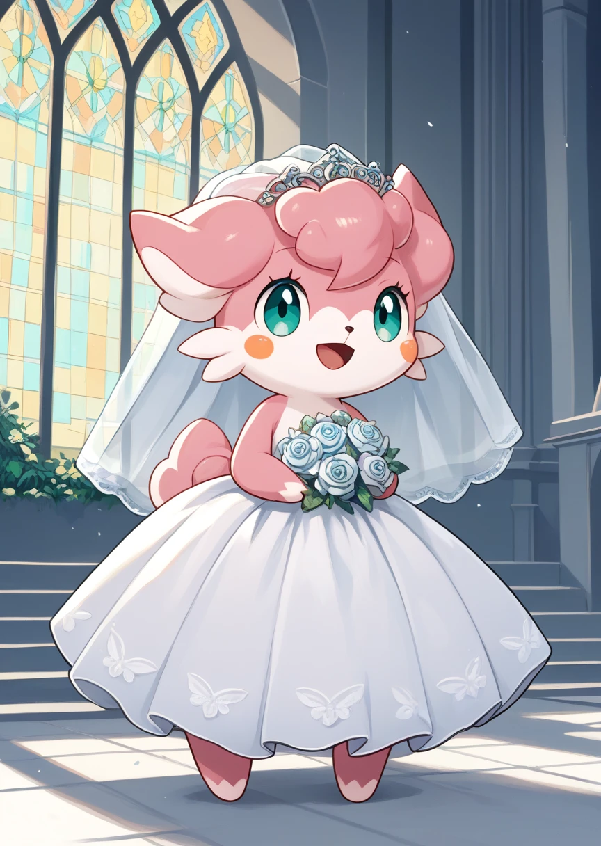 score_9, score_8_up, score_7_up, score_6_up, score_5_up, BREAK
Saline, smile, detailed background, church, open mouth, green eyes, standing, full body, aqua eyes, no humans, blush stickers, happy, pink fur, furry, pokemon (creature), wedding dress, wedding veil