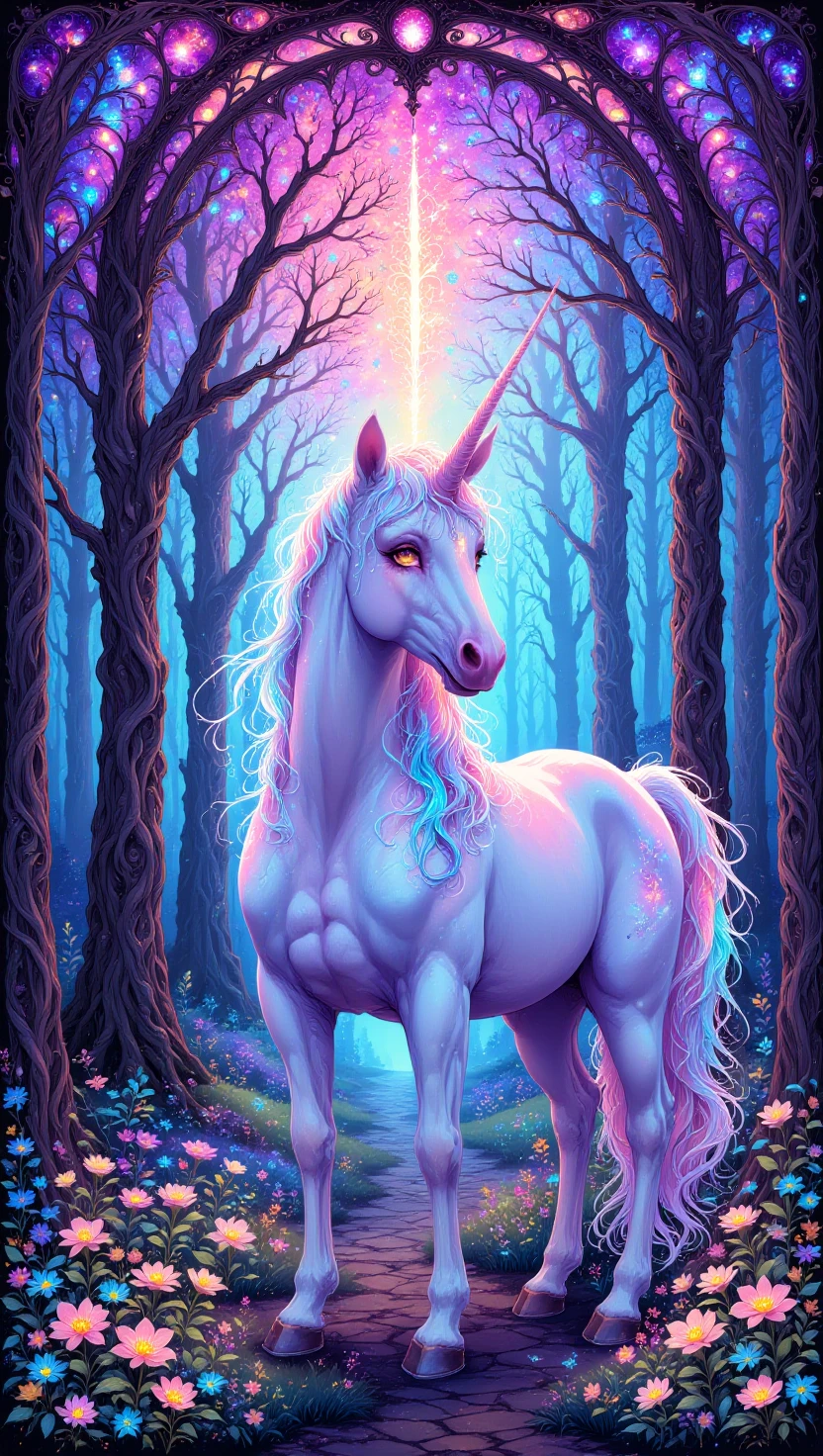 artnouveaustyle, pastel iridescent frame,A fantasy illustration of a glowing unicorn in a moonlit forest, its mane and tail flowing with radiant energy