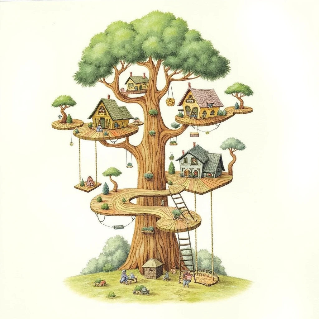 fairy tales,Best picture quality, masterpiece, high definition, 4K,A drawing of a tree with houses on it. The tree has many branches and leaves. There is a person sitting on a swing next to the tree.